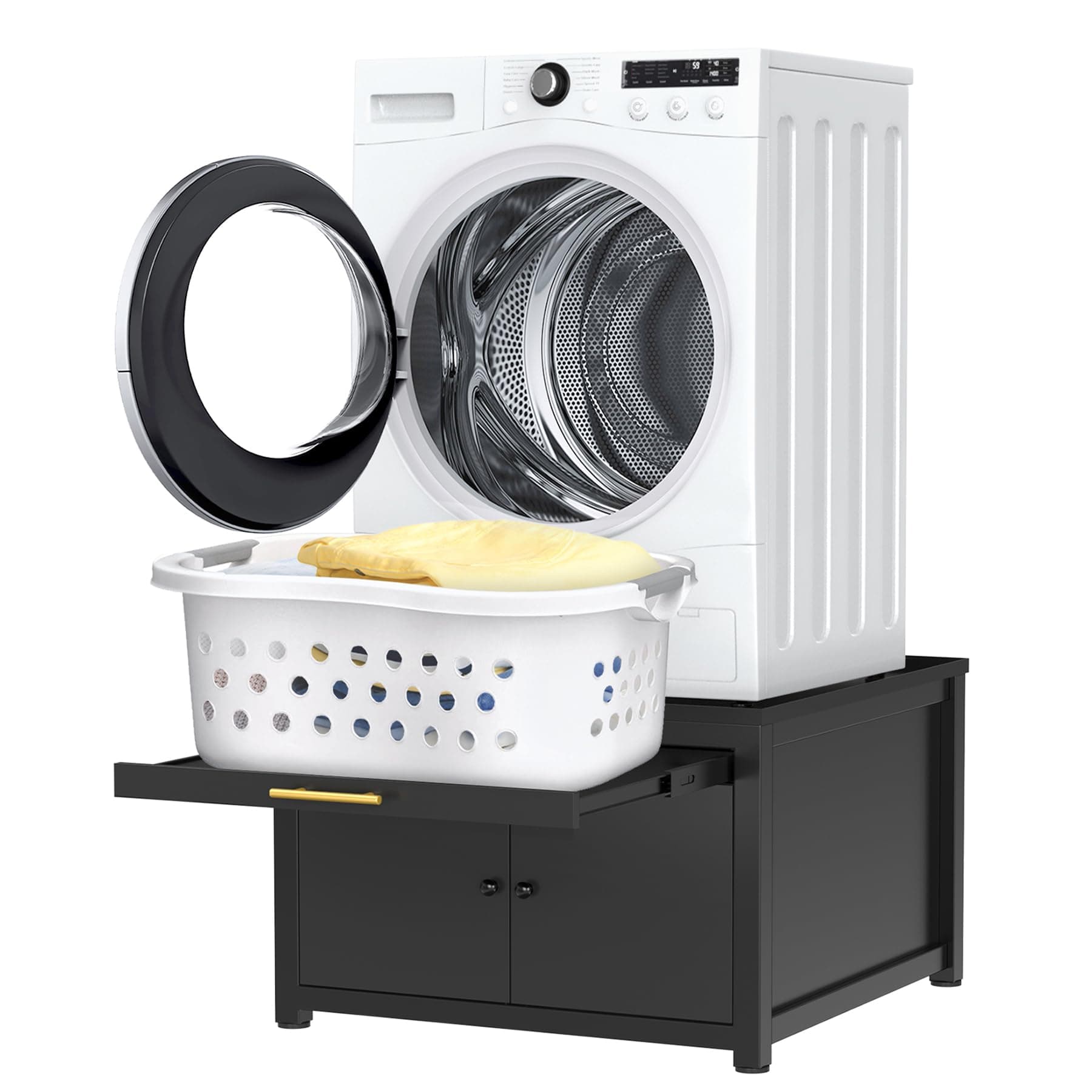 GDLF Laundry Pedestal Heavy Duty Metal Washer Dryer Pedestal 29" Universal Fit Anti-Vibration Washing Machine Stand with Laundry Basket Shelf and Built-in Drain Pan + Hose,770 LBS Capacity