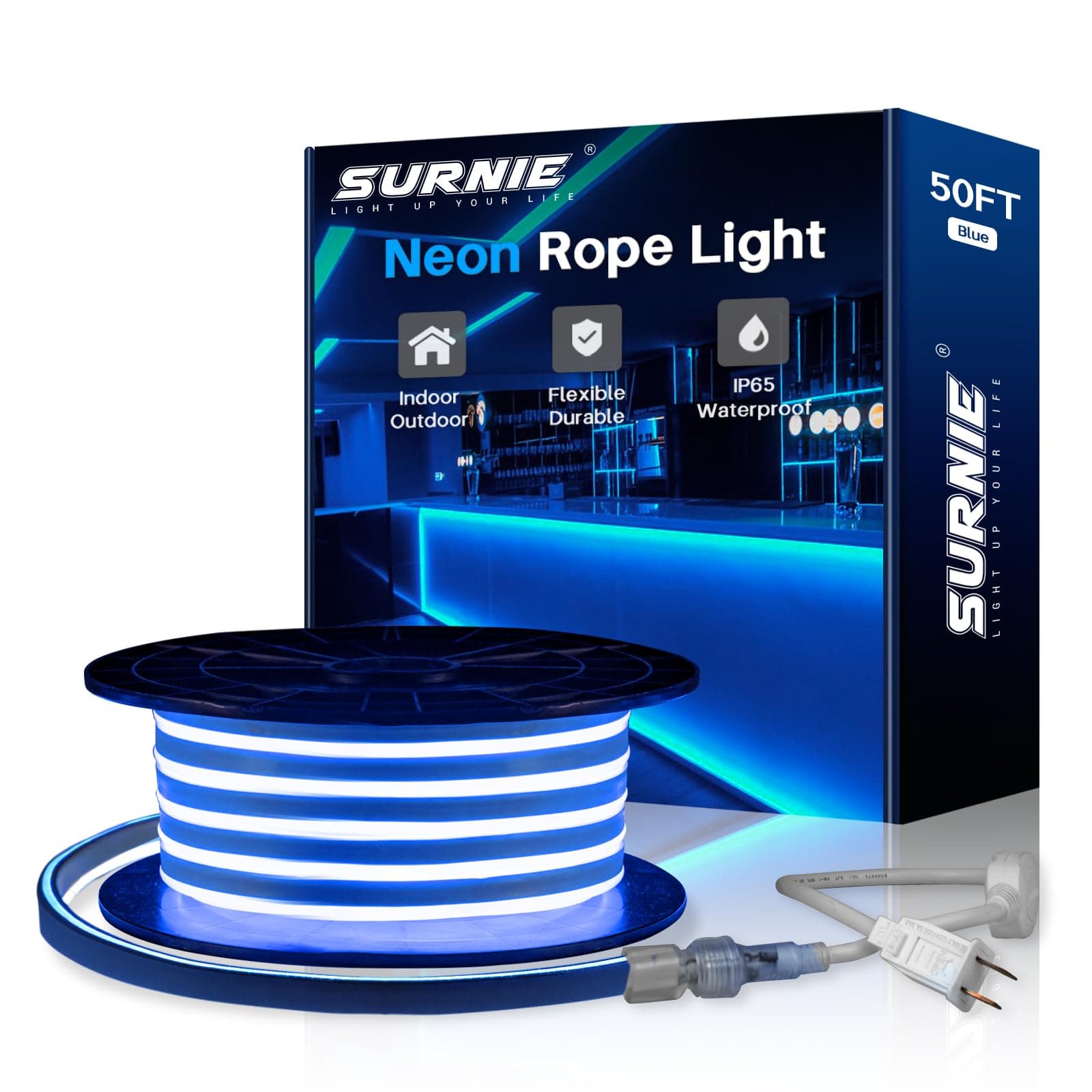 SURNIE 50ft LED Neon Rope Lights - 110V Flex Blue Neon Light Outdoor Waterproof - DIY Neon Strip Lights for Bedroom, Flexible Cuttable Connectable Indoor Outdoor, Commercial Building Use