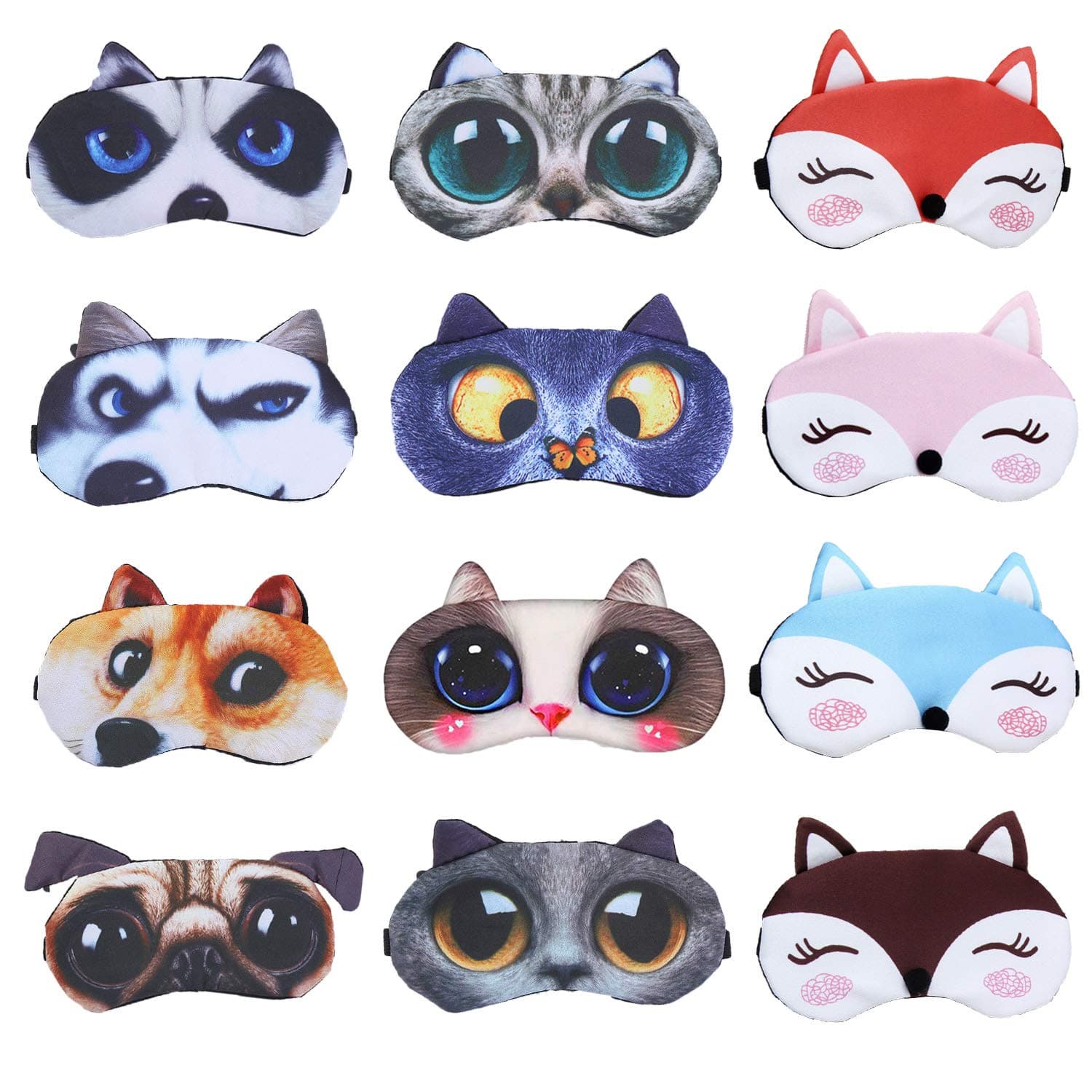 EBaokuup 12 Pack Animal Sleep Eye Mask - Soft Funny Blindfolds Sleeping Mask, Cute Cat Dog Eye Cover Eye Shade for Kids Girls Men Women Plane Travel Nap Night Sleeping
