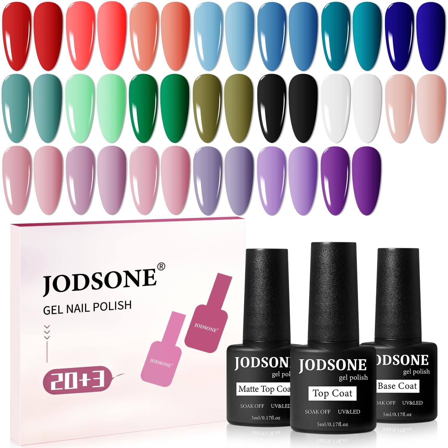 JODSONE Gel Nail Polish Set with Shiny and Matte Top Coat, Multicolor Gel Nails, Durable, Suitable for All Seasons, 23 Pieces