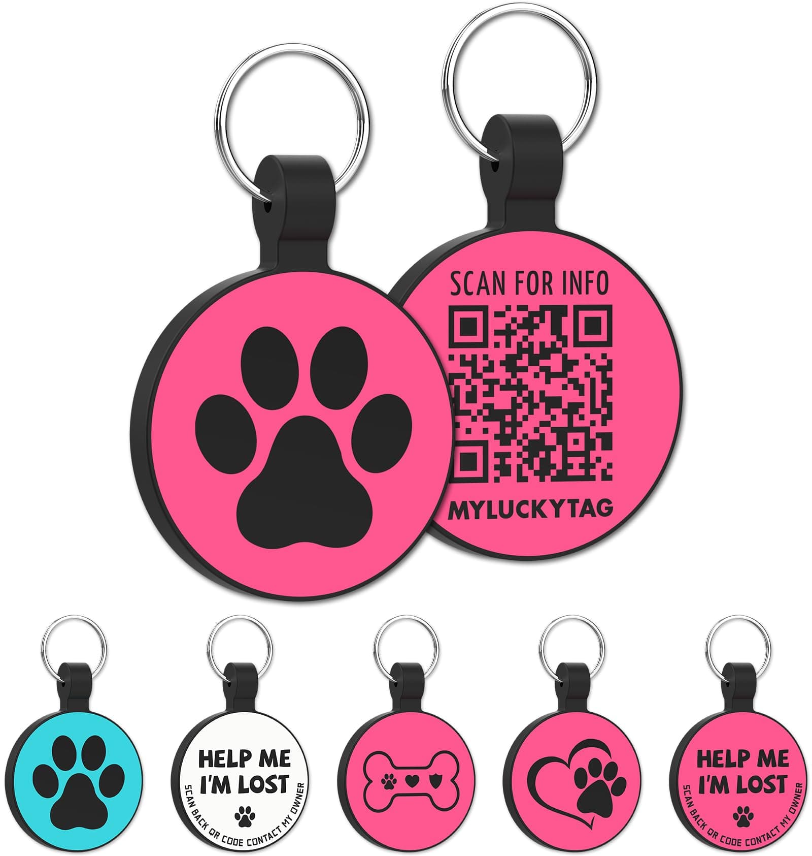 MYLUCKYTAG Silent Silicone QR Code Pet ID | Personalized Dog & Cat Collar Tag | Online Profile | Scanned Location Alert Email | Lightweight & Waterproof