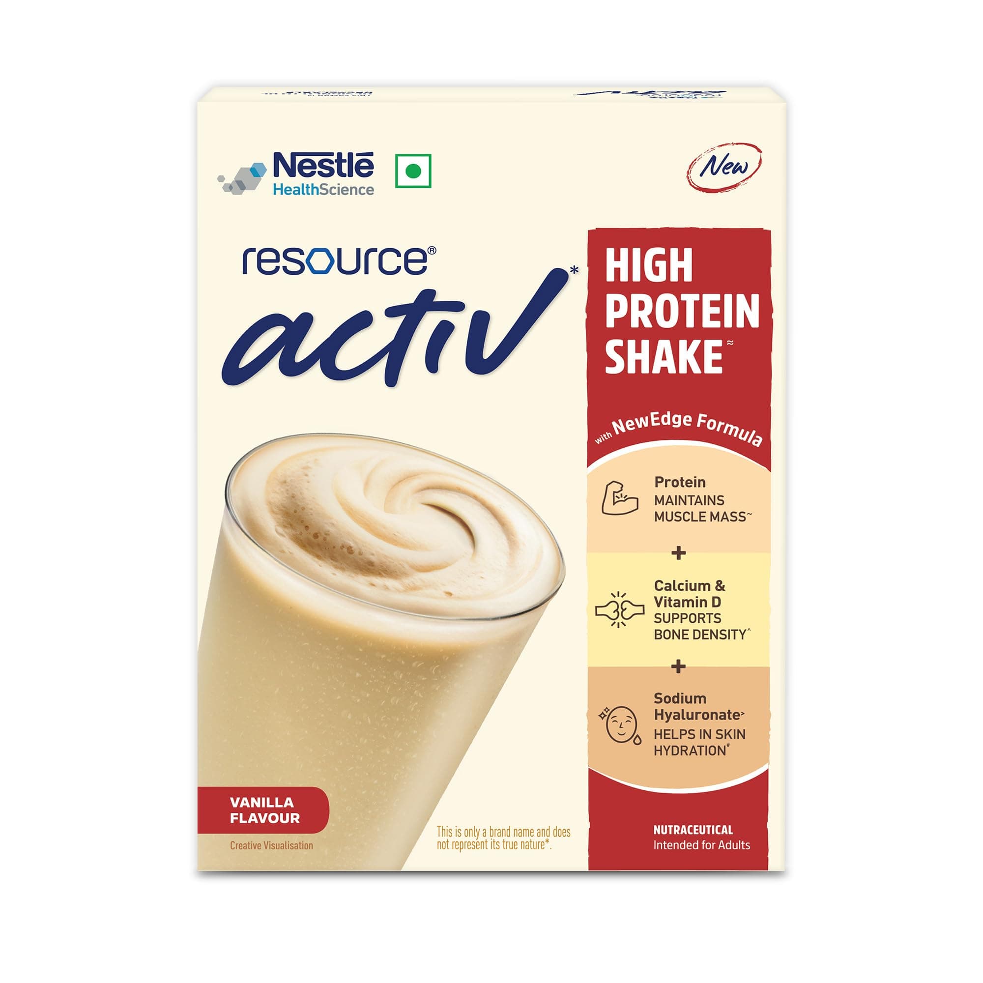 Nestlé Active, High Protein Shake with New Edge Formula, Vanilla Flavour, Strengthens Muscles, Bones, Immune System, Improves Skin 400g Bag-in-box pack.