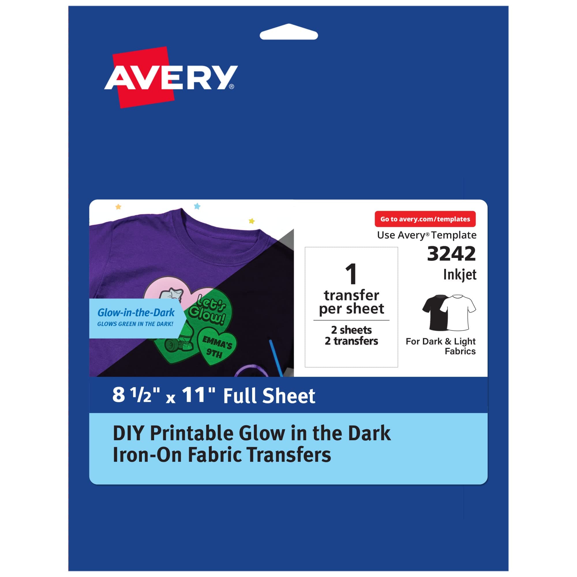 AveryGlow in the Dark Fabric Transfer Paper, 8.5" x 11", Printable Heat Transfers for Inkjet Printers, 2 Sheets (03242)
