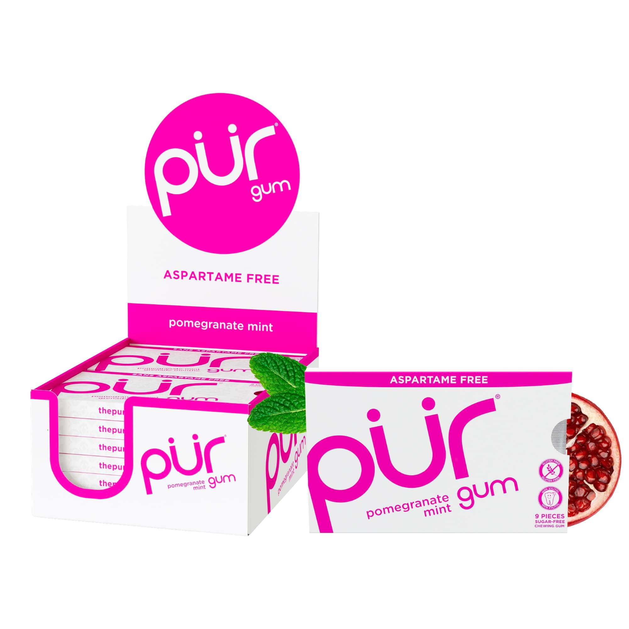 PUR Gum | Sugar Free Chewing Gum | 100% Xylitol | Vegan, Aspartame Free, Gluten Free & Keto Friendly | Natural Pomegranate Mint Flavored Gum, 9 Pieces (Pack of 12)