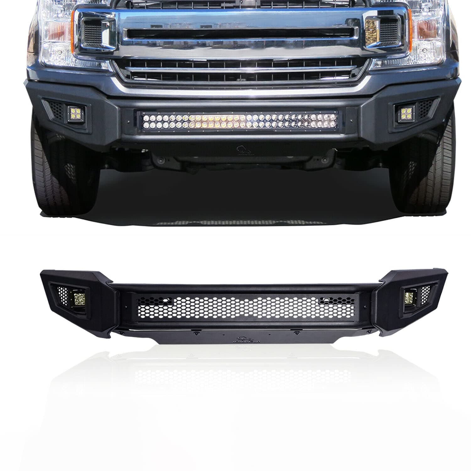 TAC IRONBISON Barde Front Bumper Compatible with 2018-2020 Ford F150 (Excluded Raptor Models and 2020 Diesel Models) Truck Pickup Textured Black Off Road Rock Armor with LED Fog Light/ Splash Guard