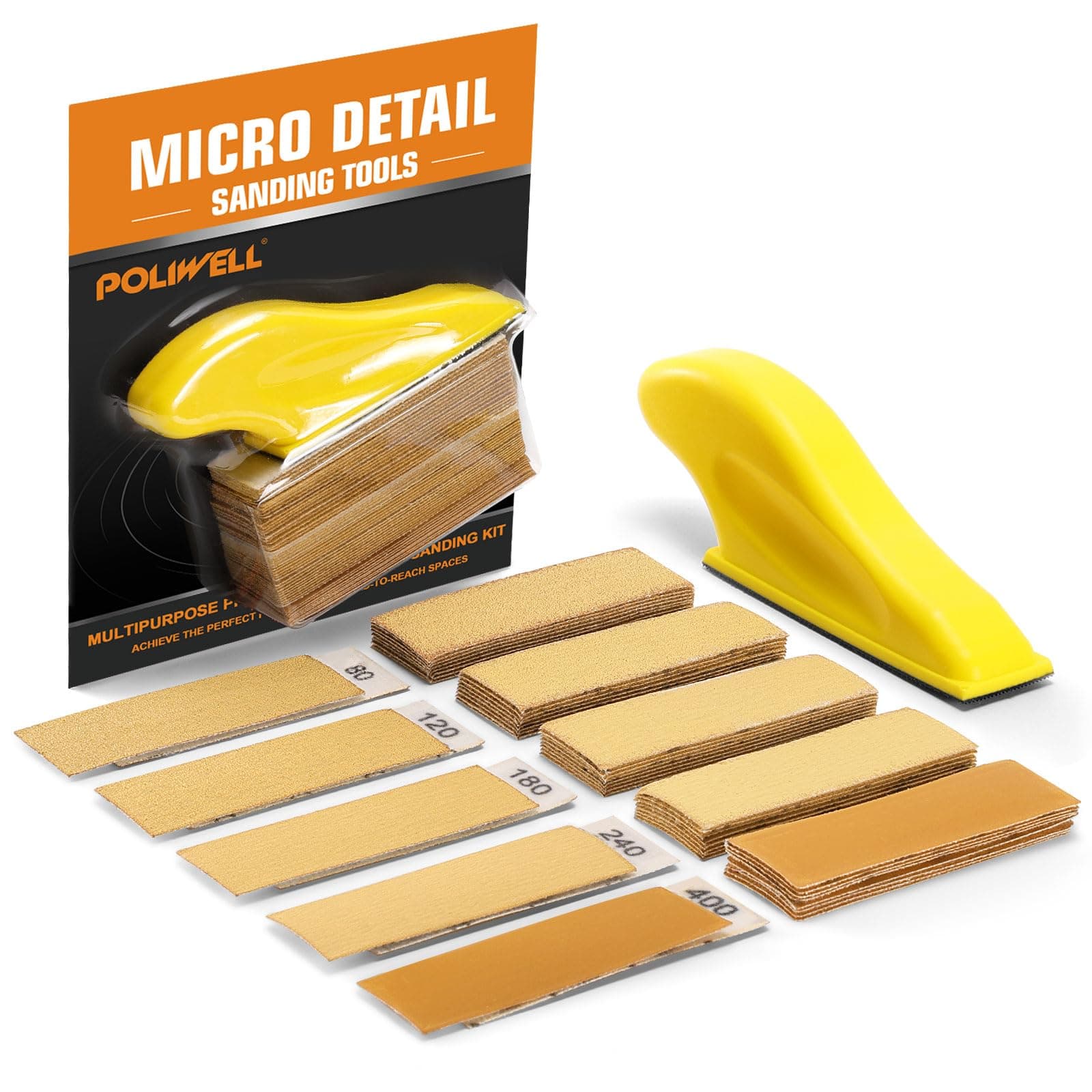 Micro Sander Kit 3.5” x 1” Mini Sander for Small Projects, Detail Handle Sanding Tools + Sandpaper 80 120 180 240 400 Grit for DIY Crafts Wood Finishing Tight Narrow Spaces Polishing, 50 PCS