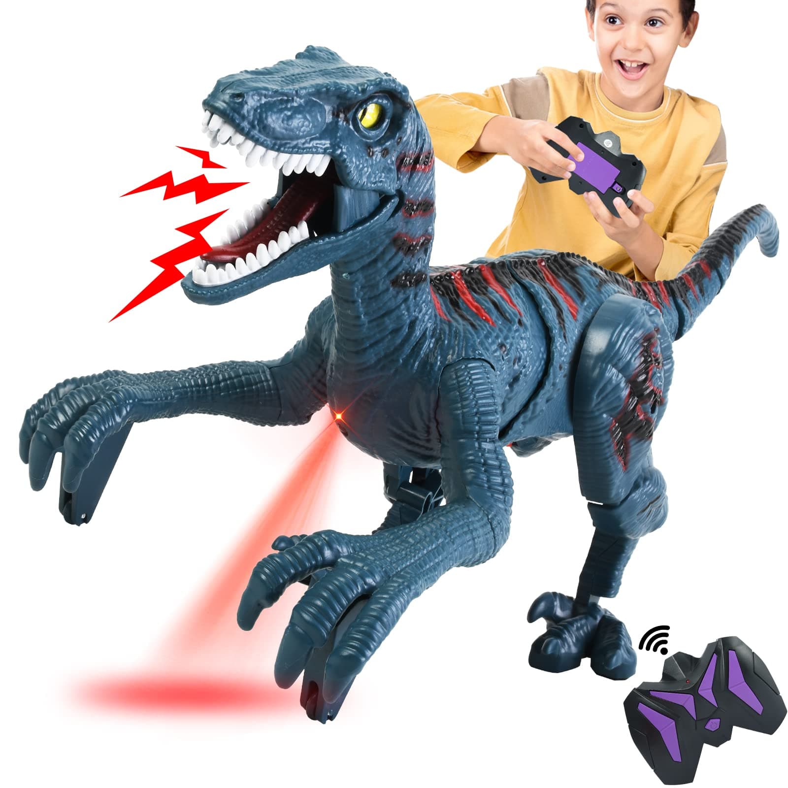 Remote Control Dinosaur Toy for Kids 5-7 8-12 - RC Walking Dinosaur Toy for Boys 5 6 7 8 9 10 - Jurassic Velociraptor Dinosaur Toys for 4-7 Year Old with Light Sounds Rechargeable