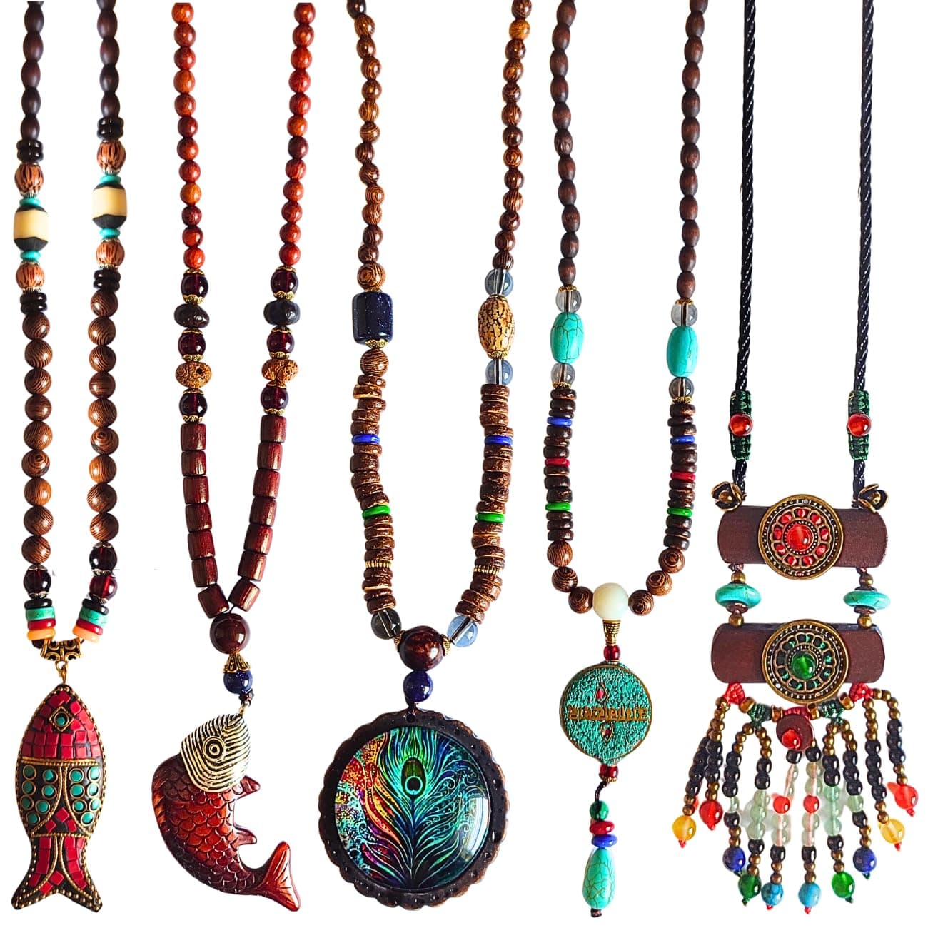 Bohemian Beaded Necklace for Women Long Boho Pendant Wood Mala Beads Wooden Strand Tassel Stone Bohemian Necklaces for Women Jewelry