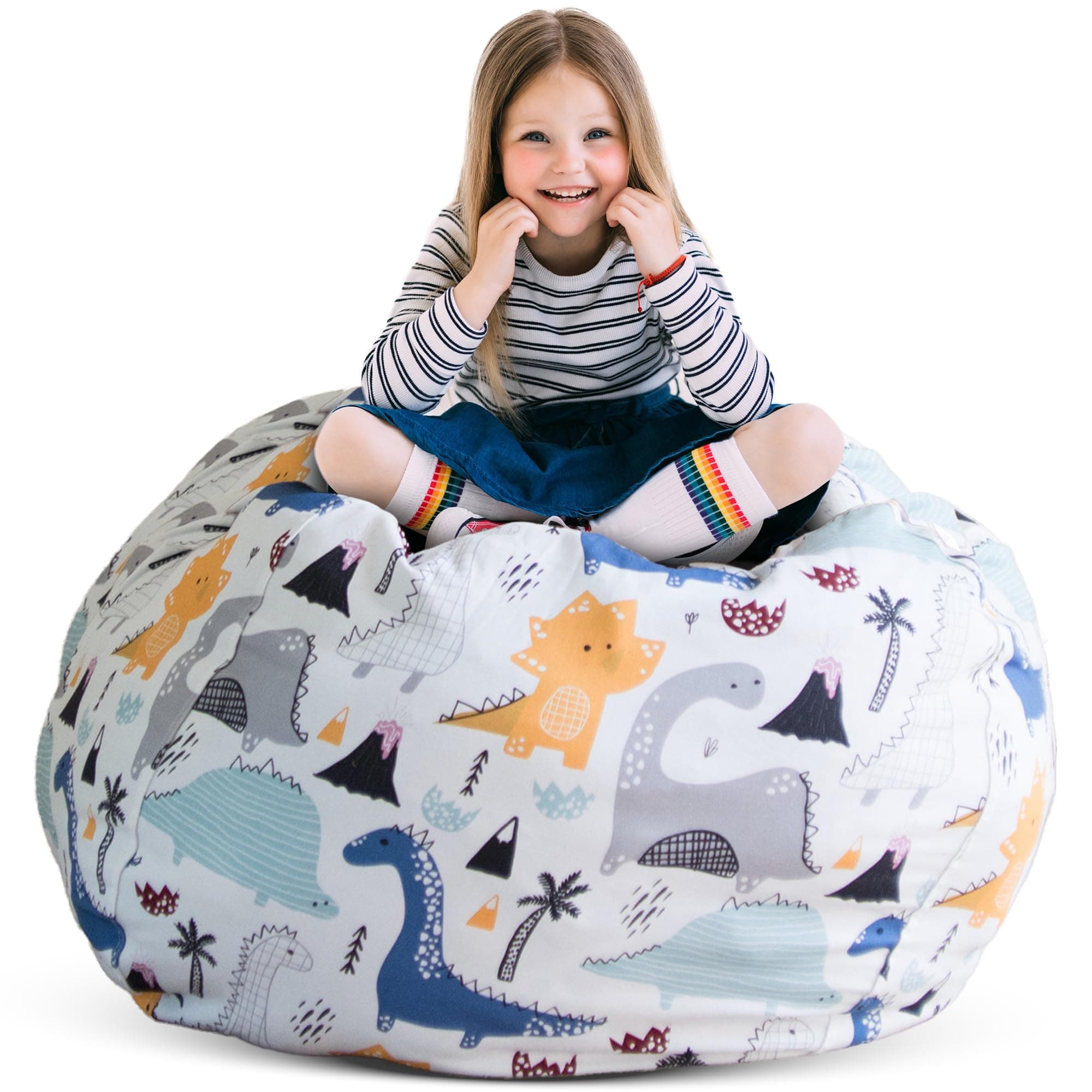 Stuff ’n Sit Large 33’’ Bean Bag Storage Cover for Stuffed Animals & Toys, Giant Beanbag Chair for Kids Ages 3-14, Bedroom Organizer for Easter, Dinosaur