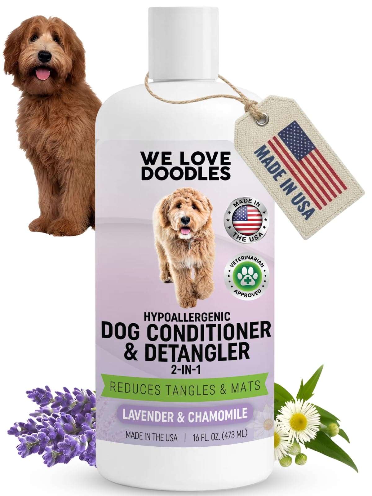We Love Doodles Dog Conditioner & Detangler, 2-in-1 Conditioner for Allergies & Itching, Lavender and Chamomile, Made in USA, Dog Lotion Treatment, Perfect for Poodles, Doodles & Goldendoodles,16oz