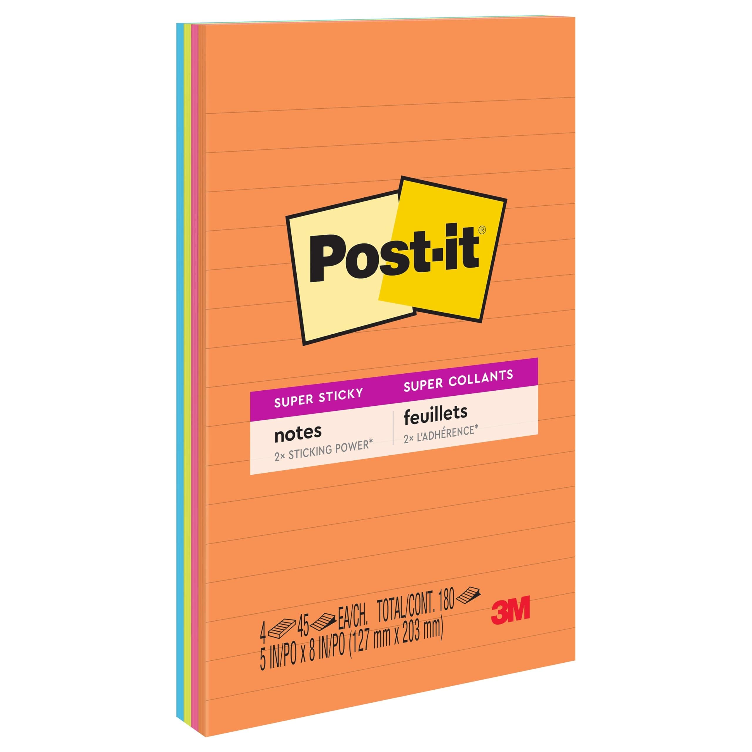 Super Sticky Lined Notes, 4 Sticky Note Pads, 5 x 8 in., School Supplies, Office Products, Sticky Notes for Vertical Surfaces, Monitors, Walls and Windows, Energy Boost Collection