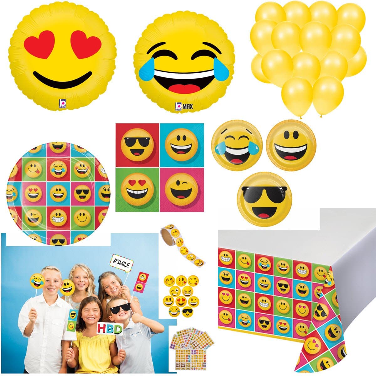 Emojis Birthday Party Supplies Decorations for 8 - Plates Napkins Tablecloth Photo Props Balloons Stickers Bundle of 62 Items