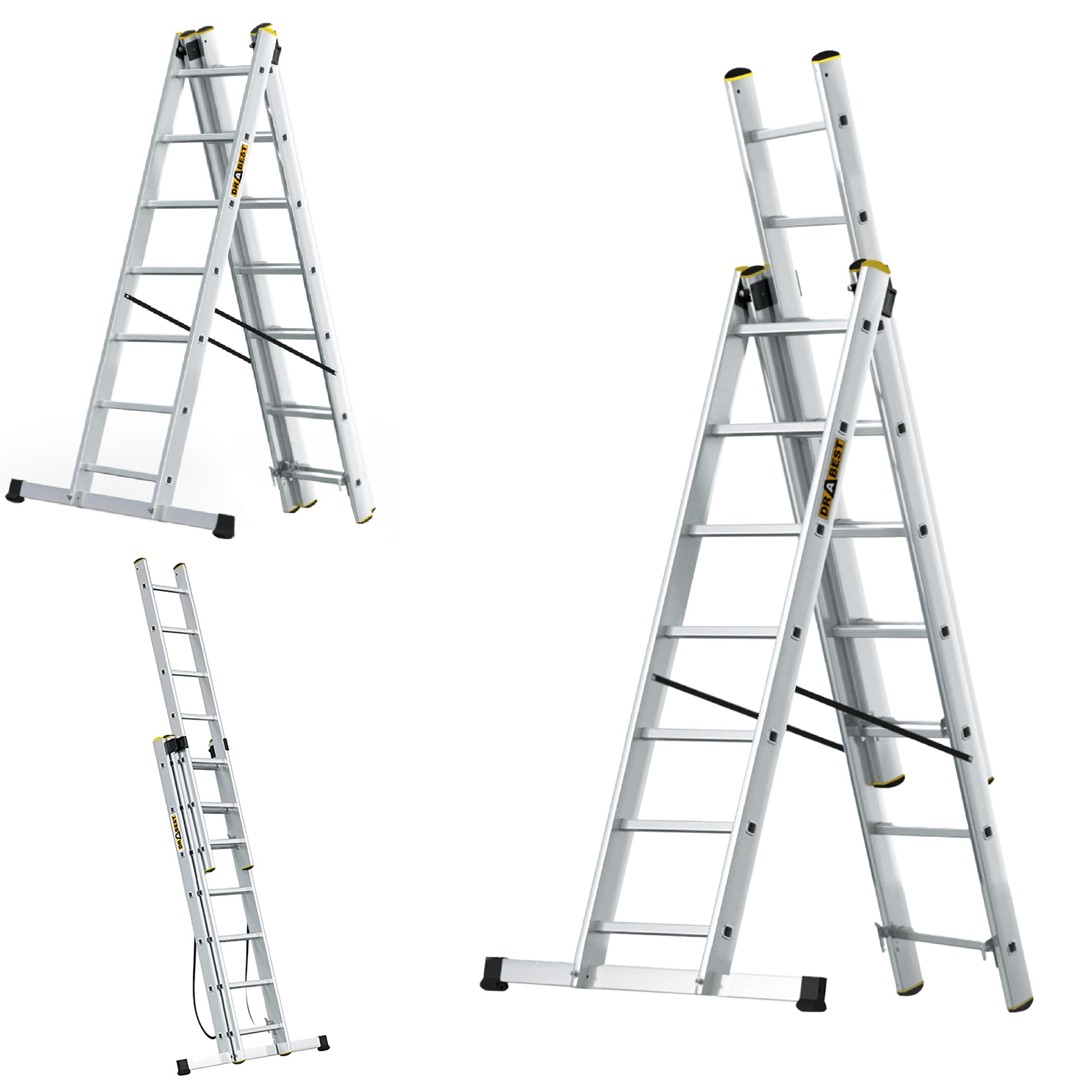 DrabestPRO SERIES Aluminium Ladder - Multipurpose Ladder - Industrial Ladder - 3 x 7 steps - Stable 3-part Ladder - Working height 5 m - Load capacity 150 kg incl. bucket hooks
