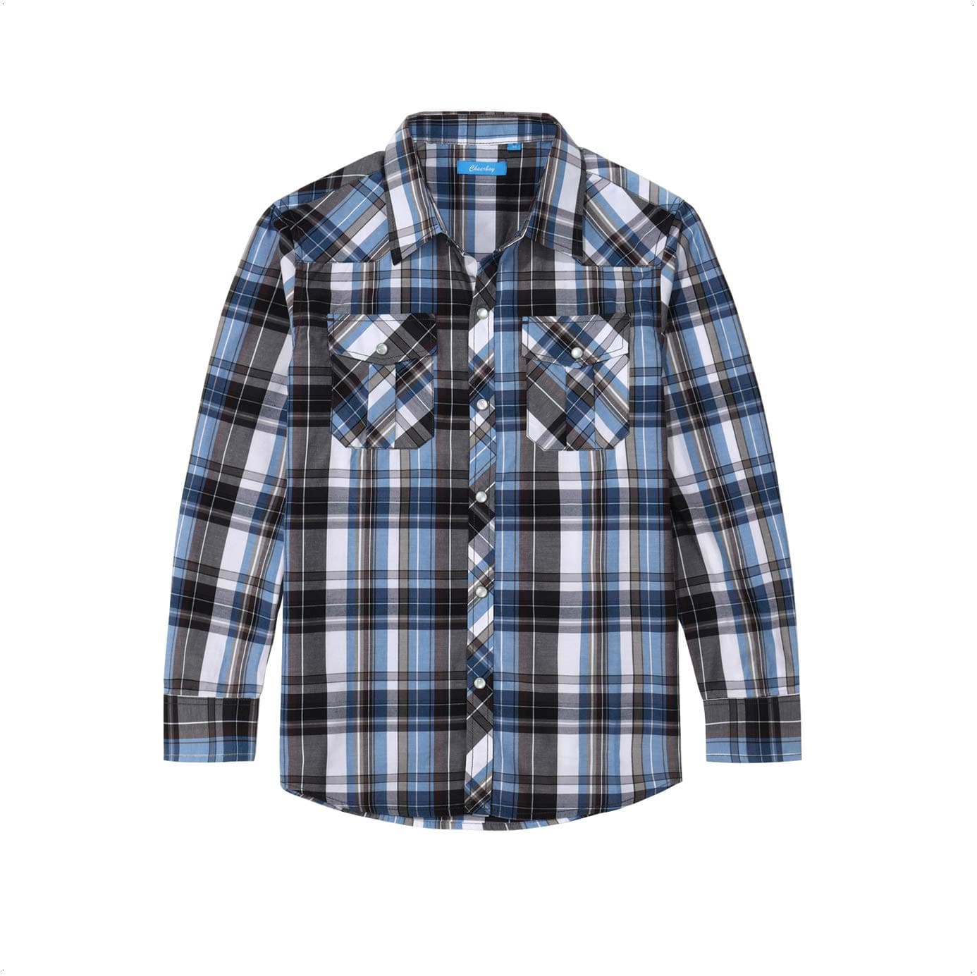 Boy's Casual Long Sleeve Western Pearl Snap Button Plaid Shirt
