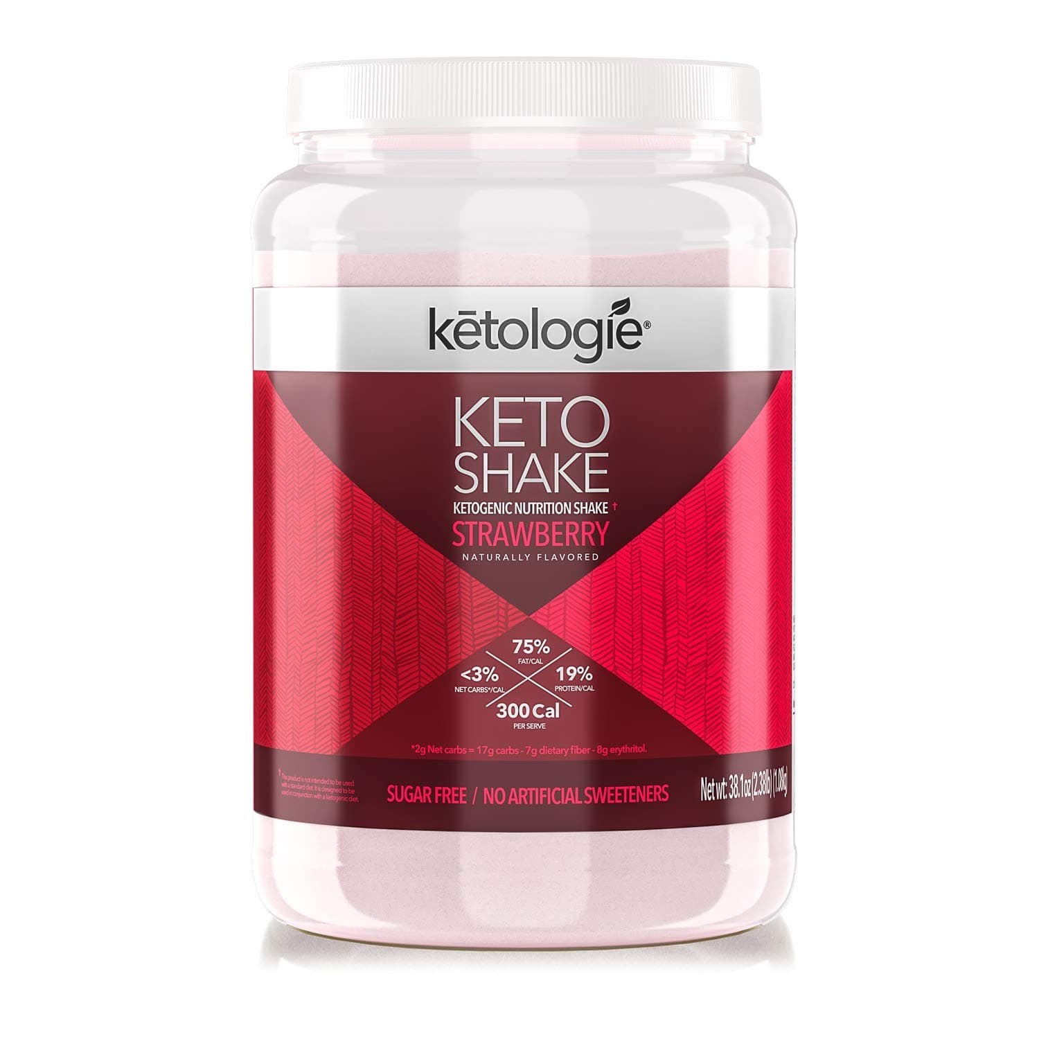 Ketologie Collagen Keto Shake (Strawberry) - with Coconut Oil, Grass Fed Hydrolyzed Collagen Peptides Type I & III, Low Carb High Fat, Lactose Free, Gluten Free, Soy Free, 2.38lbs