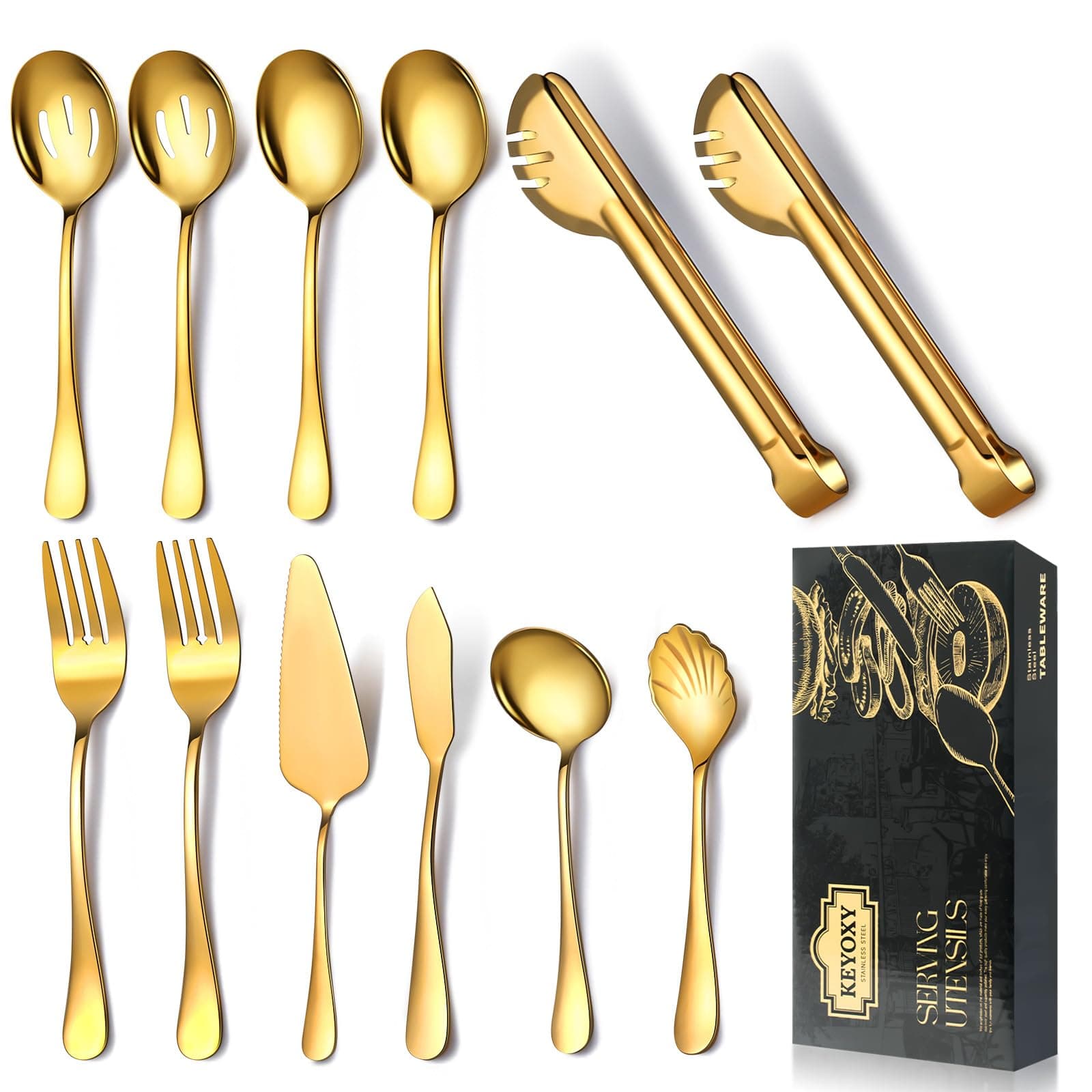 Stainless Steel Serving Utensil Set, 12 Pcs, with Large Slotted/Spoon/Forks/Soup Ladle/Tongs/Pie Server/Butter Knife for Parties/Kitchen/Buffet/Catering,Gold