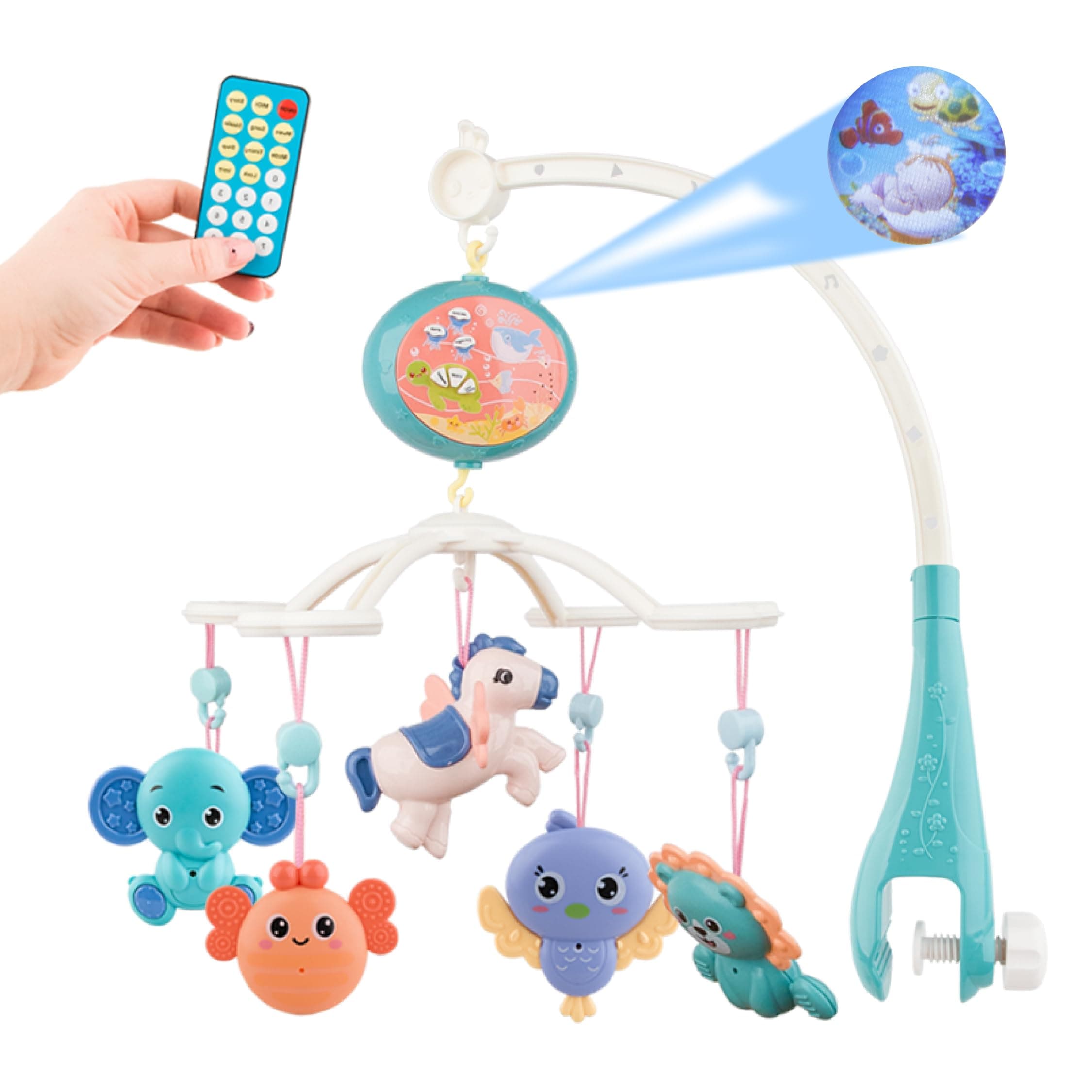Baby Musical Side Crib Mobile with Projector, Lights, Hanging Toys & Bed Bell for Sleeping |Blue Remote Control, Carrousel, Spinning, Music Box, Rattles | Newborn, Infants, Girls & Boys 0-6 Month