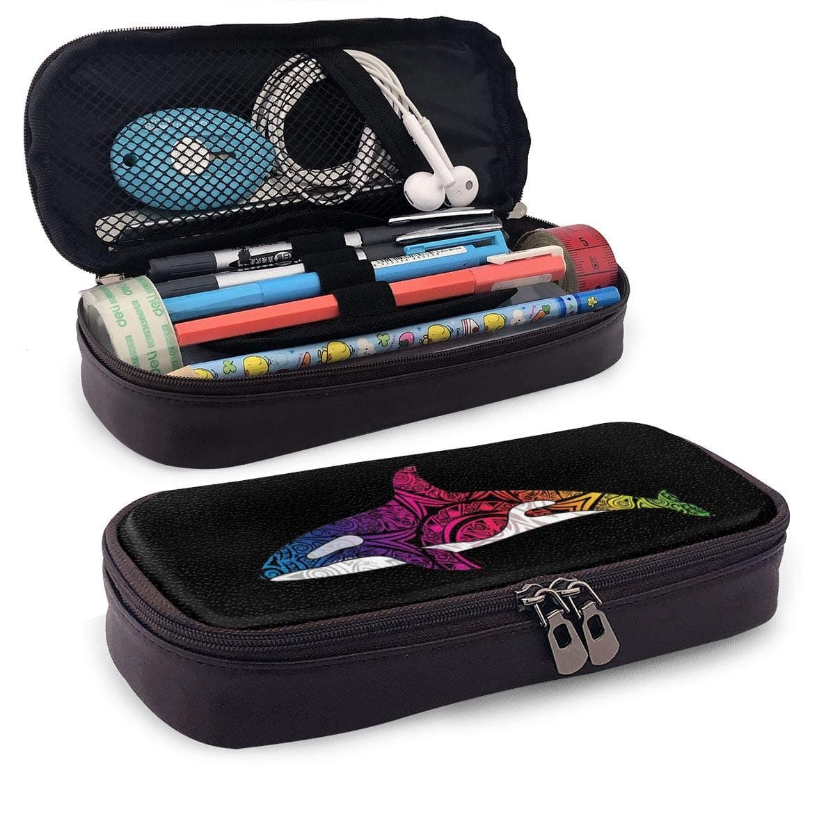 NewTe Leather Pencil Case For School Students Office Orca Killer Whale Pen Pencils Box