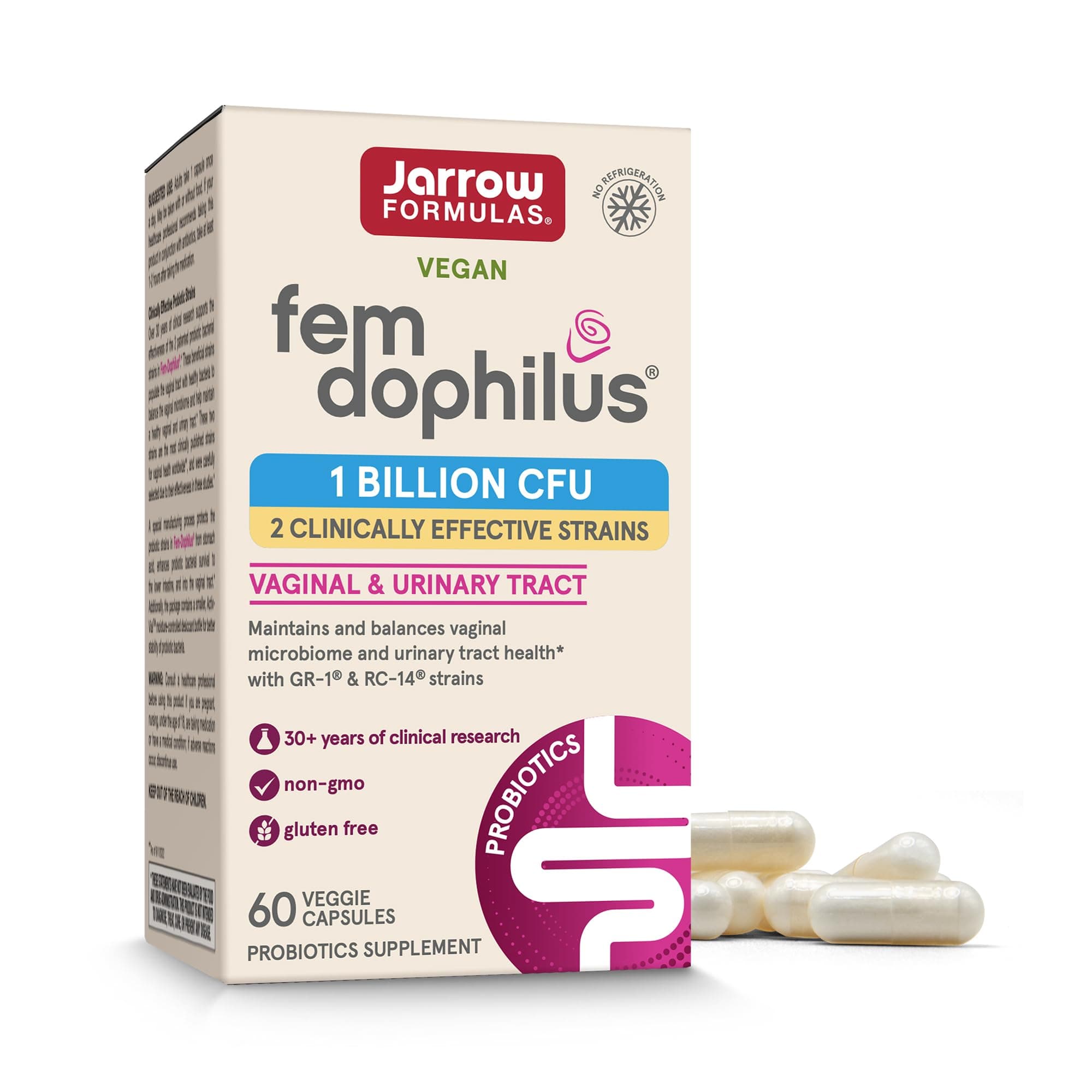 Jarrow Formulas Fem-Dophilus Vaginal Probiotics 1 Billion CFU With 2 Science-Backed Strains, Dietary Supplement For Vaginal & Urinary Tract Support, 60 Capsules, 60 Day Supply, Shelf-Stable Probiotics