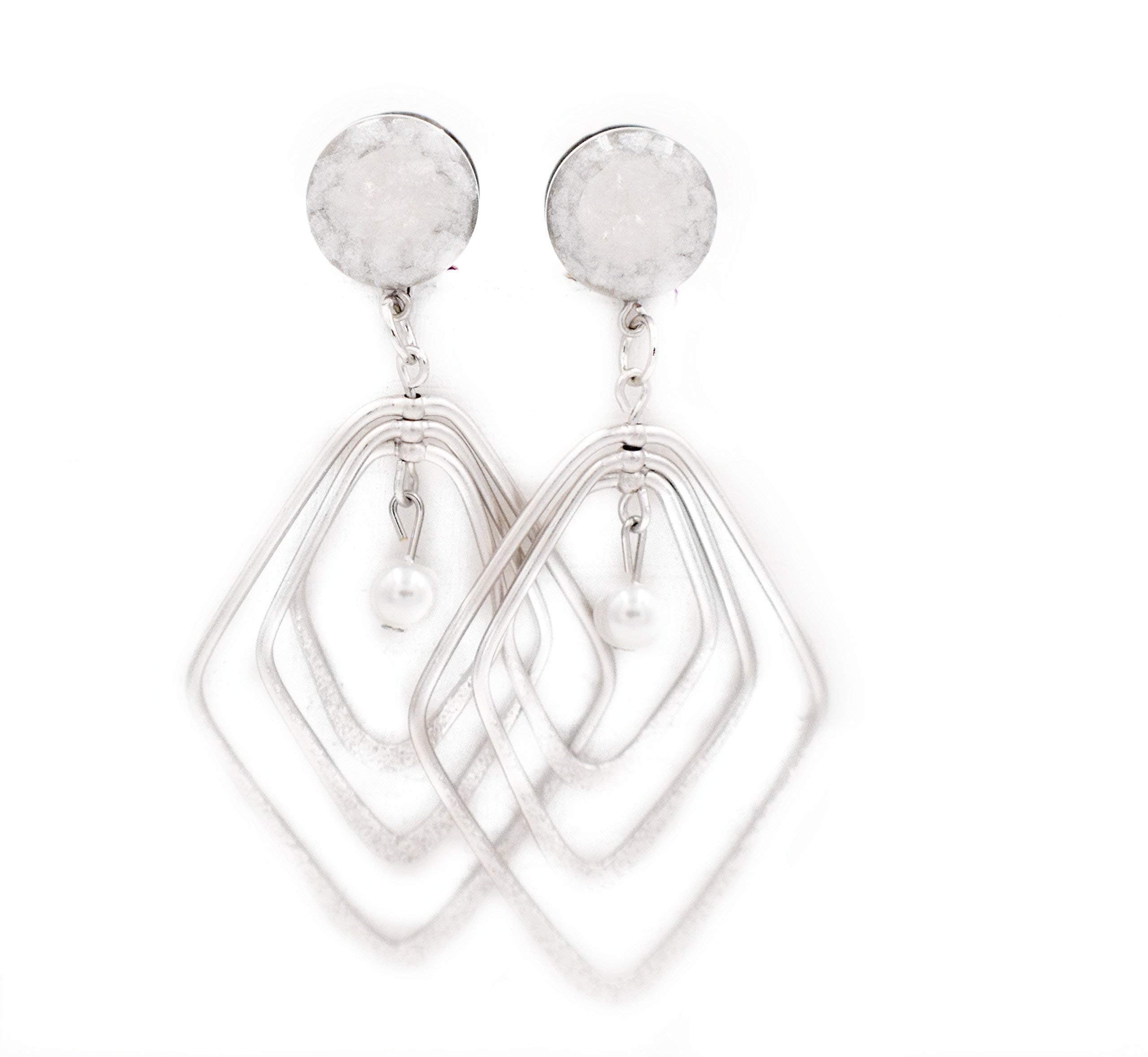 Handmade Pearl Crushed Glass Rotating Diamond Silver or Rose Gold Dangle Plugs / 6g, 4g, 2g, 0g, 00g, 7/16, 1/2, 9/16, 5/8, 11/16, 3/4, 7/8, 1in