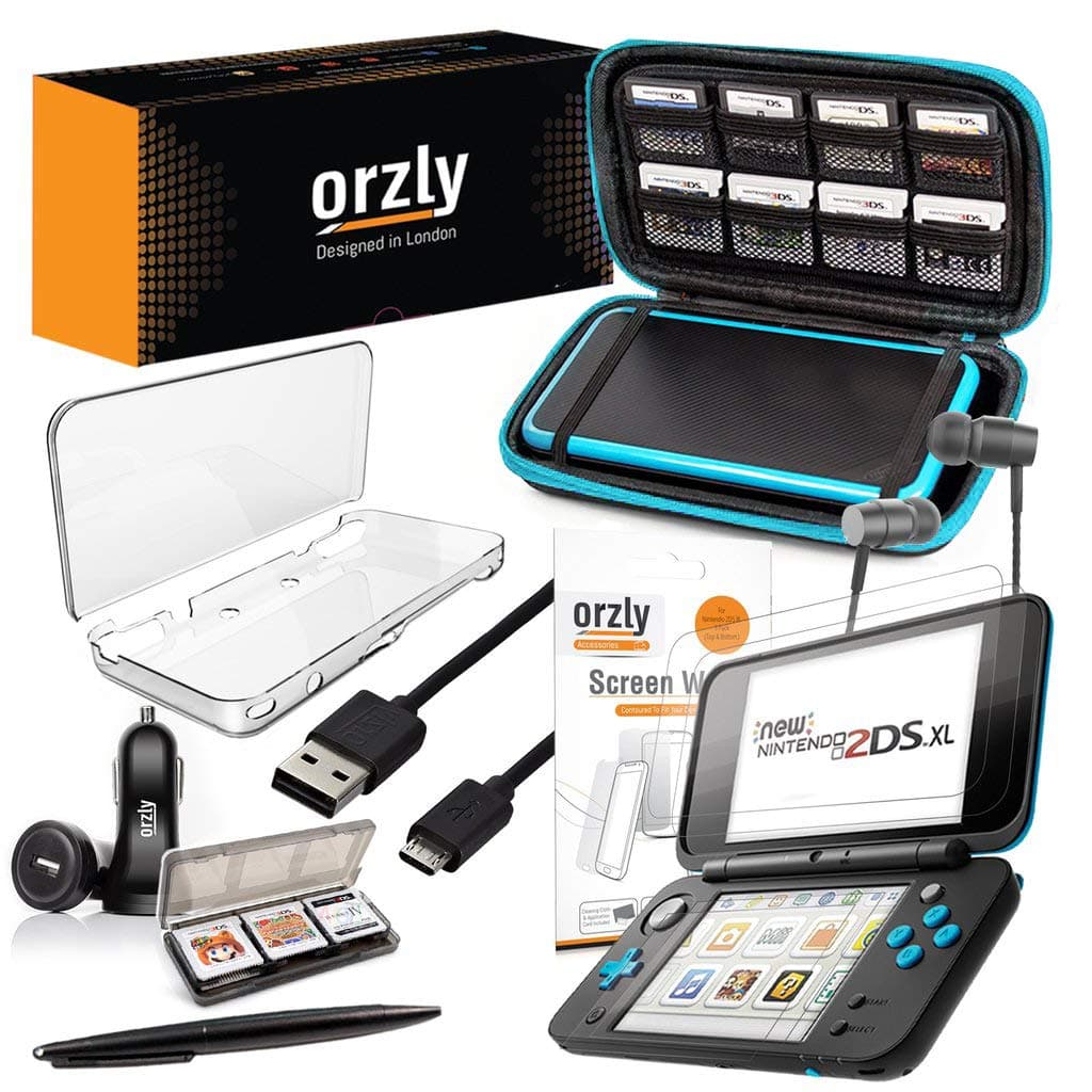 Orzly 2DSXL Accessories, Ultimate Starter Pack for New Nintendo 2DS XL (Bundle includes: Car Charger / USB Charging Cable / Console Case / Cartridge Cases & more... (See full description for details)