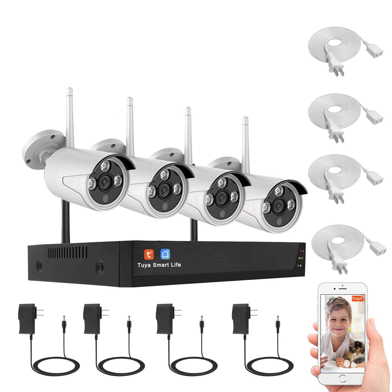 Borntechsz [Expandable 8CH] 1080P Ai Wireless nvr 8 Channel NVR with 4Pcs 1080P 2.0MP Night Vision WiFi IP Security Surveillance Cameras WiFi Nvr Kit Tuya APP Smart Remote Viewing