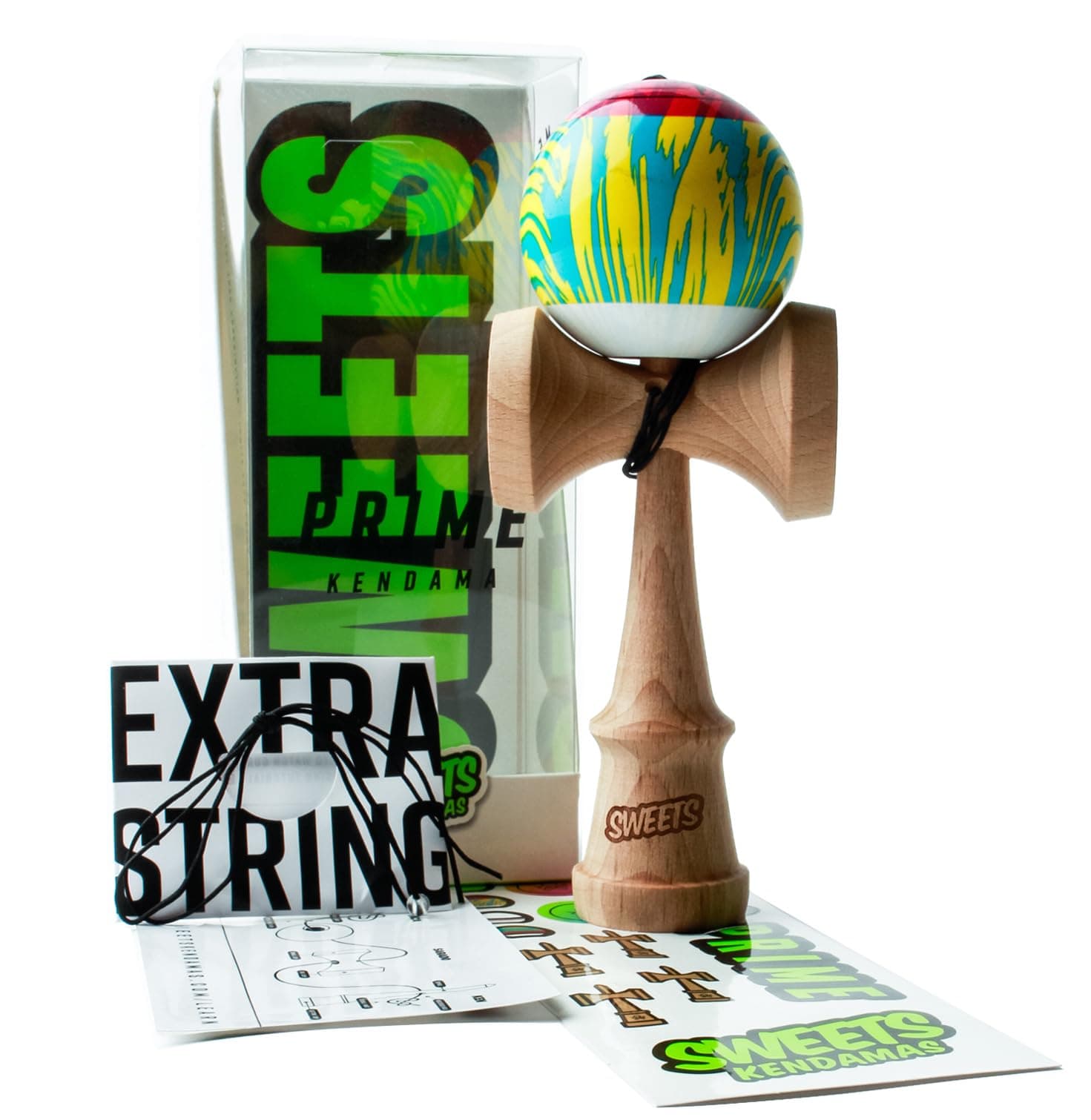 Sweets Kendamas Grain Split Kendama, Improves Hand Eye Coordination, Reflexes, Sticky, Extra String Accessory Gift Bundle (CMYK)