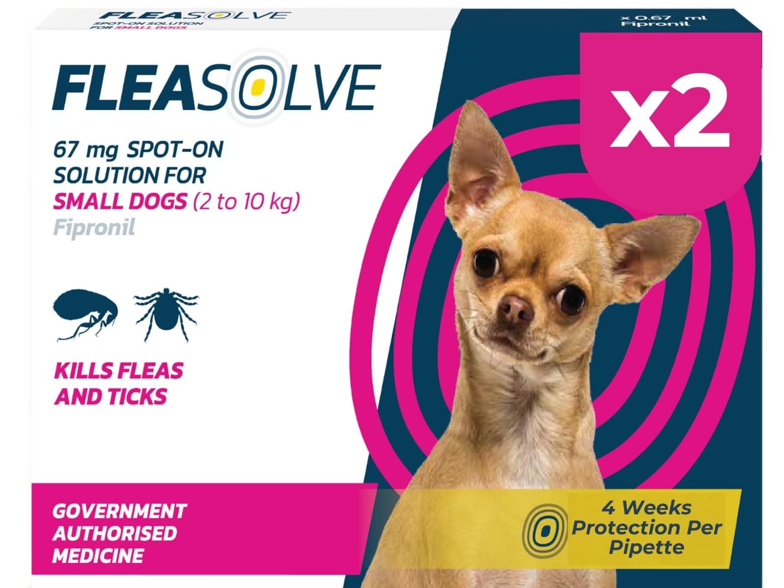 Dog Flea Treatment Small Dog x 2 - Spot on Flea Treatment for Dogs Small 2-10kg - FleaSolve Flea & Tick Solution - 2 x Pipettes - 2 - Doses