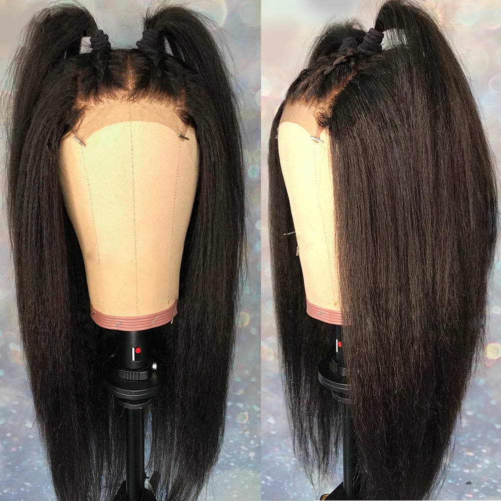 Andria Hair Lace Front Wigs Yaki Straight Hair Wigs Synthetic Heat Resistant Long Hair Wigs with Baby Hair for Black Women (Black Color Yaki Hair 18")