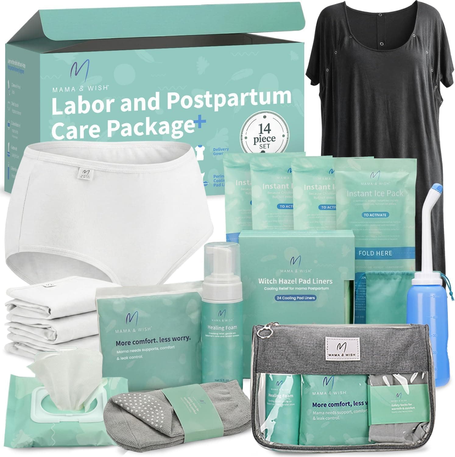 Postpartum Essentials Kit for Mom - Includes Peri Bottle, Witch Hazel Foam, Pad Liner, Comfy Garments and More! Post Partum Care Kit