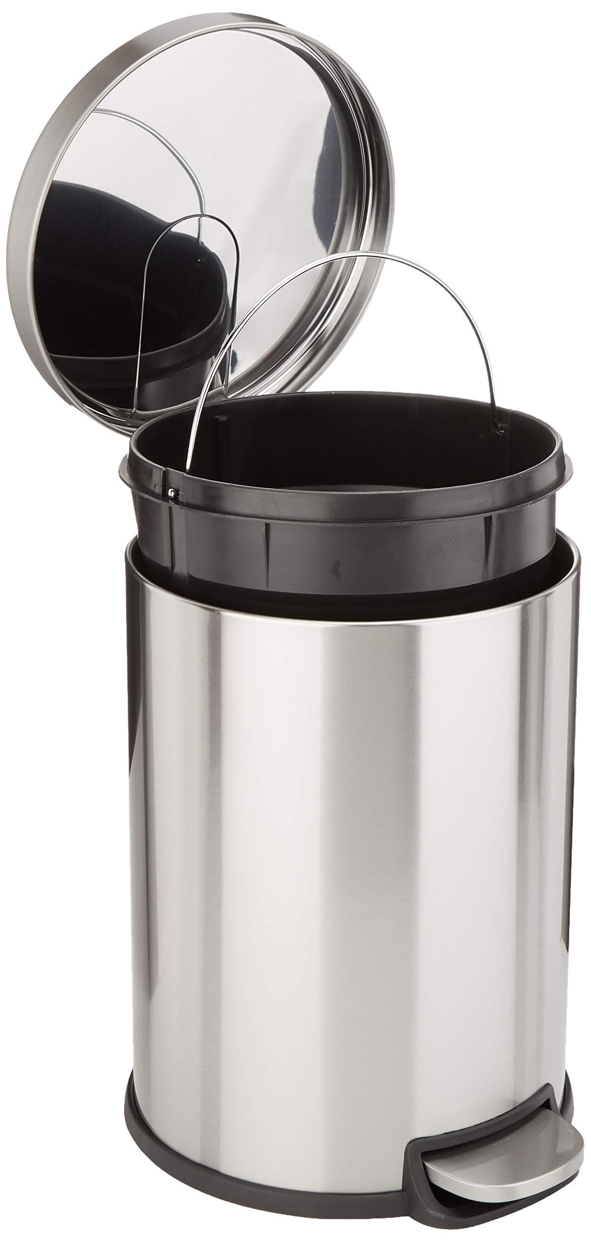 Amazon Basics Round Cylindrical Trash Can with Soft-Close Lid, Foot Pedal, Removable Inner Bucket, Smudge Resistant, 20 l/5.3 gallon, Brushed Stainless Steel