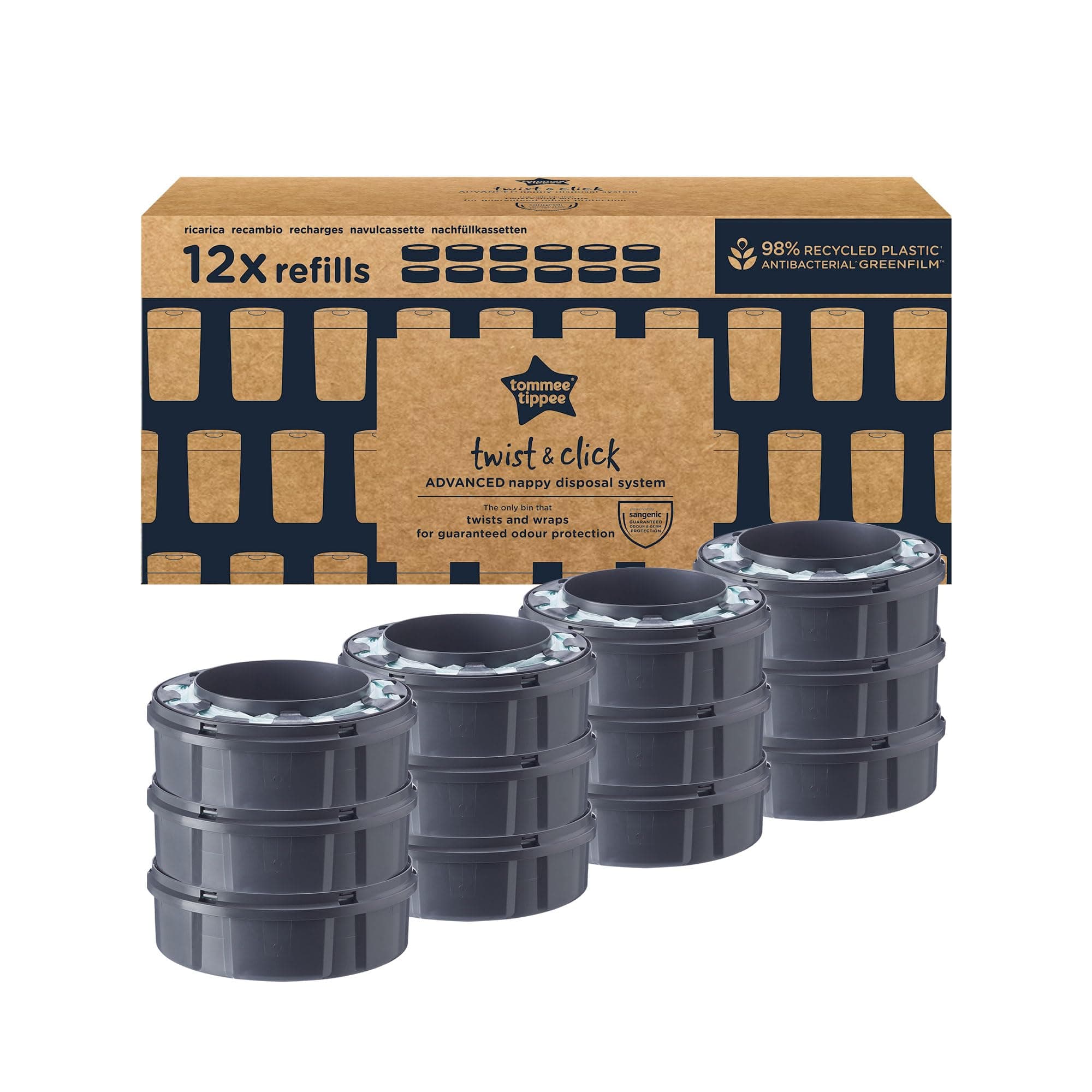 Tommee Tippee Twist and Click Advanced Nappy Bin Refill Cassettes, Sustainably Sourced Antibacterial GREENFILM