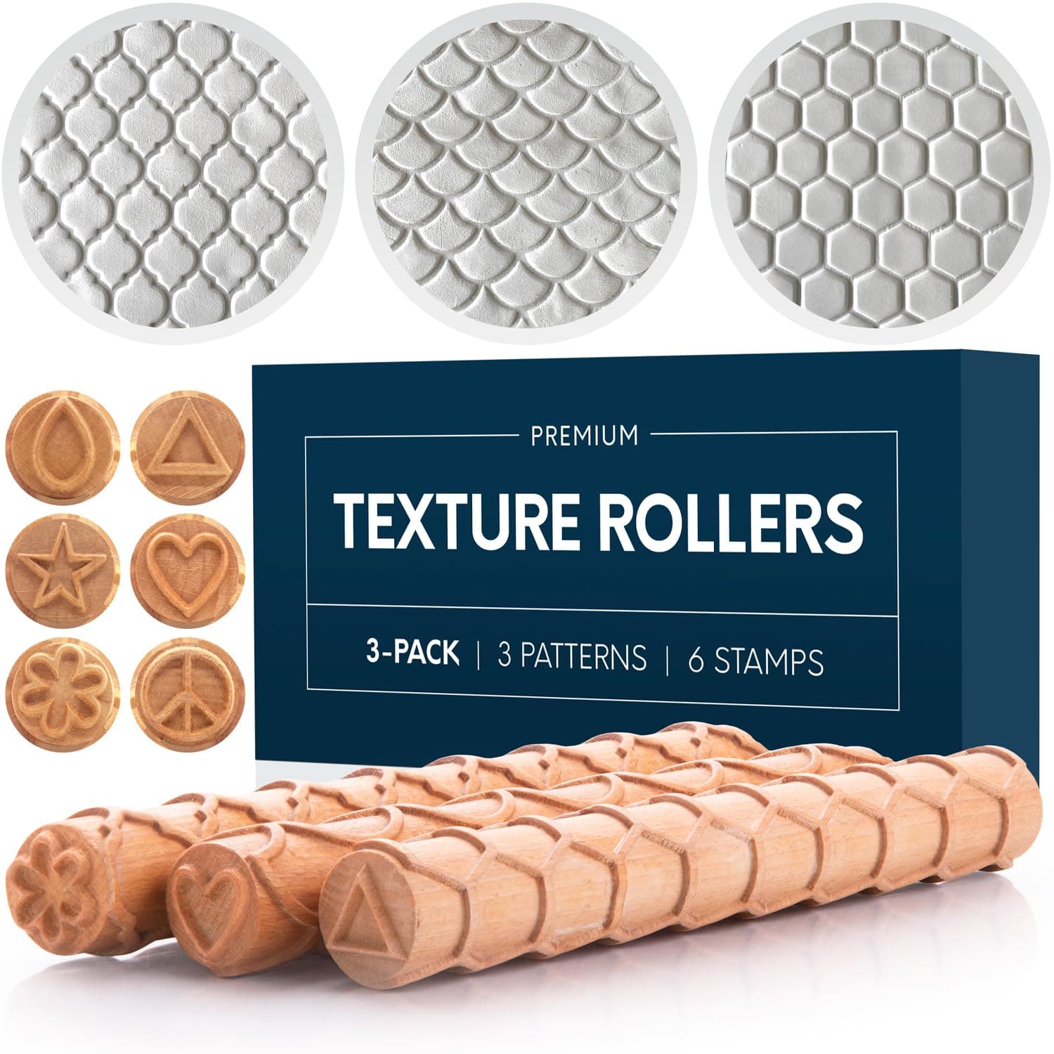 Extra Large Clay Texture Rollers with Pottery Stamps | 3 Texture Rollers | 6 Clay Stamps | 1-Pack & 3-Pack (9" x 1.2", 3 Pack)