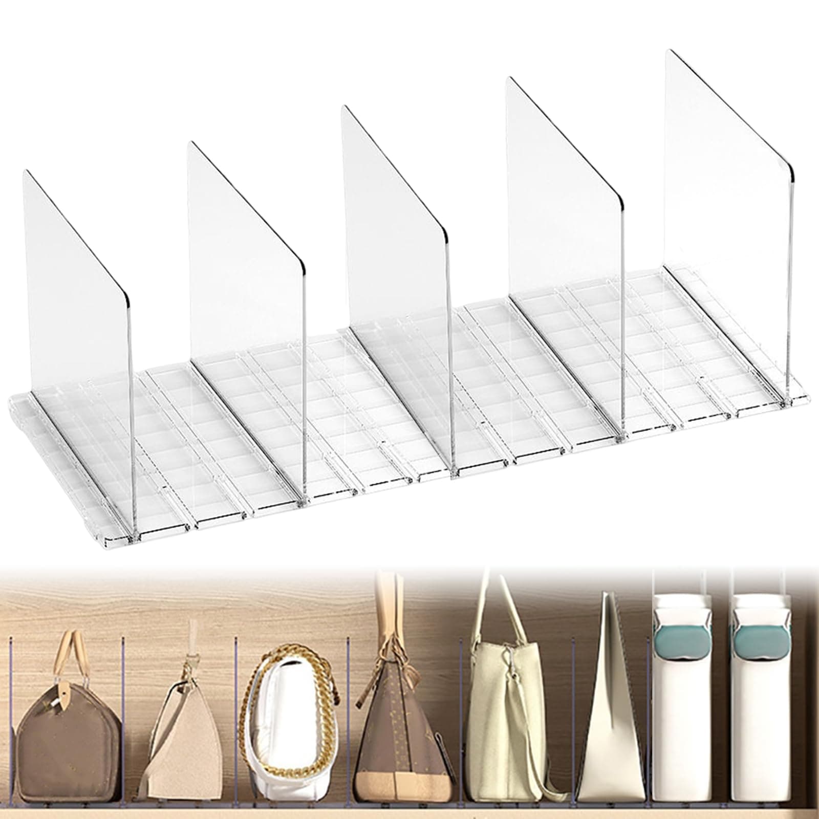 5pcs Shelf Dividers for Closets Plastic Transparent Handbag Purse Bag Clothes Divider Shelf Clear Removable Shelf Separators for Bedroom Kitchen Office Cabinets Shelf Storage and Organization