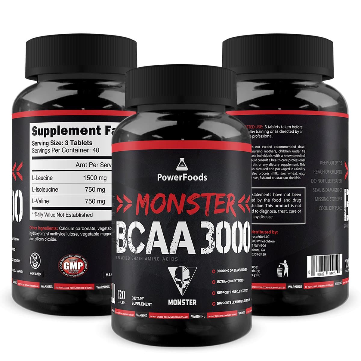 Monster BCAA 3000-120 Tablets - PowerFoods - Concentrated AminoAcid for Muscle Recovery