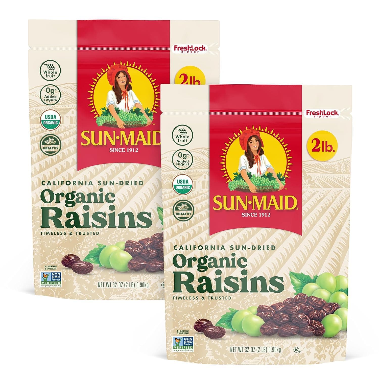Organic California Sun-Dried Raisins - (2 Pack) 32 oz Resealable Bag - Organic Dried Fruit Snack for Lunches, Snacks, and Natural Sweeteners