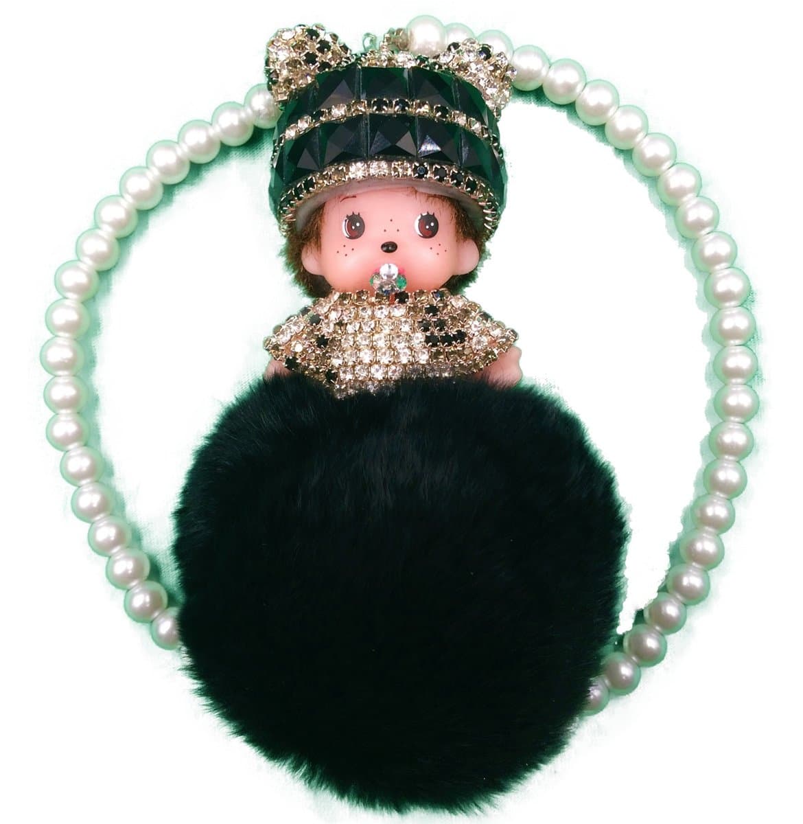 Beautiful Baby My Kiki Monchhichi With Pearl Necklace Rhinestone and Ponpon (Handmade Jewelry Accessory Deco Plush) Choice (Black Ink)