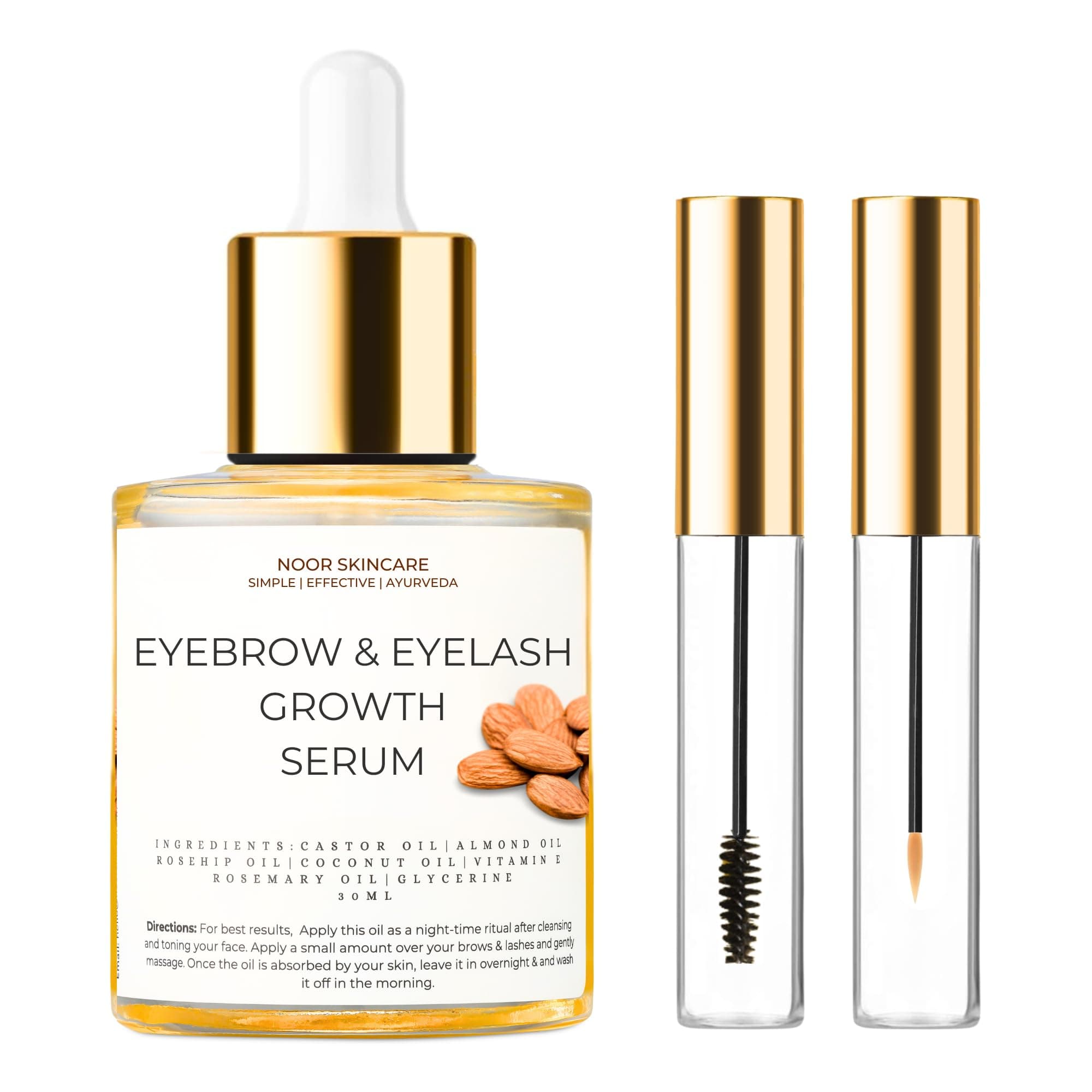 Noor Skincare Eyebrow & Eyelash Growth Serum/Oil - Organic, Brow & Lash Boosting Enhancer for Thick Eyebrows and Eyelashes - has Castor oil for Volume & comes with Applicators (30 ml)
