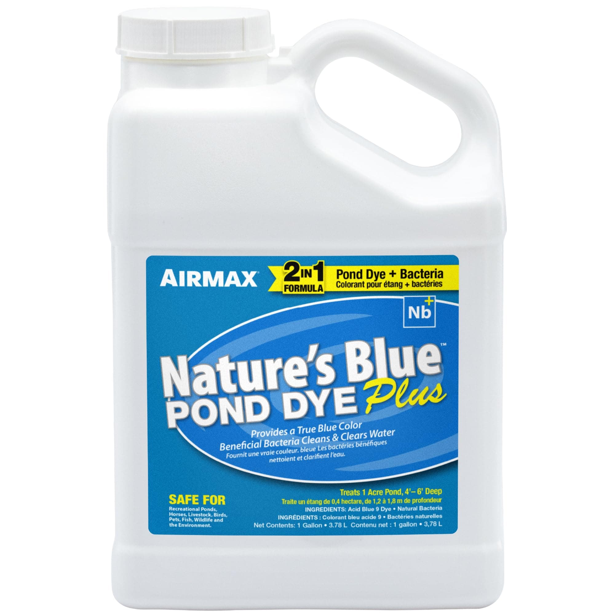 Airmax Pond Dye Plus, Nature's Blue Colorant & Natural Beneficial Bacteria, Large Pond & Lake Water Clarifier & Color Treatment, Shade Plants & Algae from Sunlight, Fish & Livestock Safe, 1 Gallon