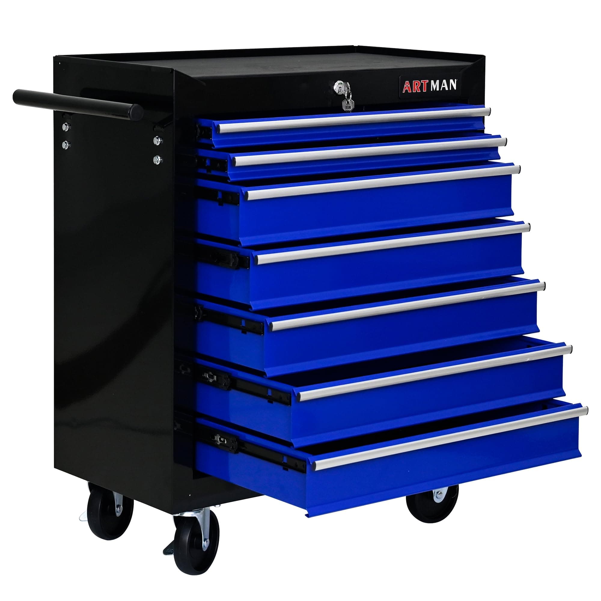 Rolling Tool Chest with 7-Drawer Tool Box with Wheels Multifunctional Tool Cart Mechanic Tool Storage Cabinet for Garage, Warehouse, Workshop, Repair Shop (Black & Blue)