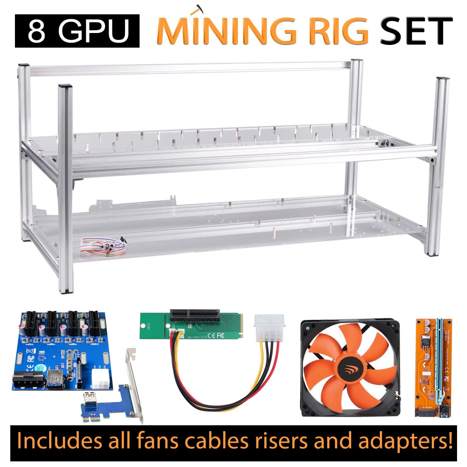 8 GPU Open Frame Mining rig case Set +6X AAAwave 2100 RPM Fan + PCI Riser X 8+ Dual Power Supply Rig