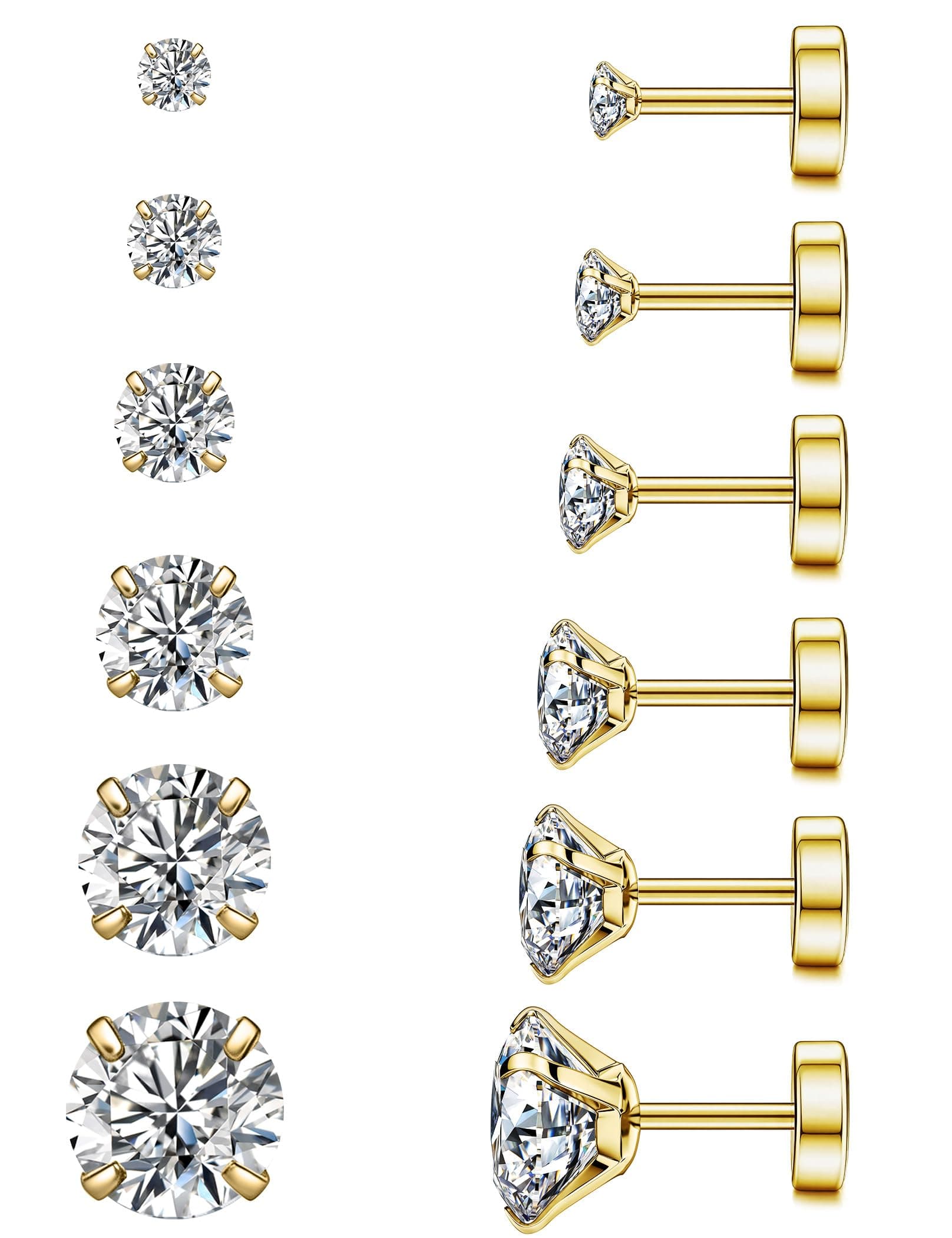 20G Hypoallergenic Flat Back Earrings for Women Men Silver 14K Gold Stainless Steel Stud Earrings Brithstone Cubic Zirconia Studs Surgical Steel Cartilage Earrings for Sensitive Ears