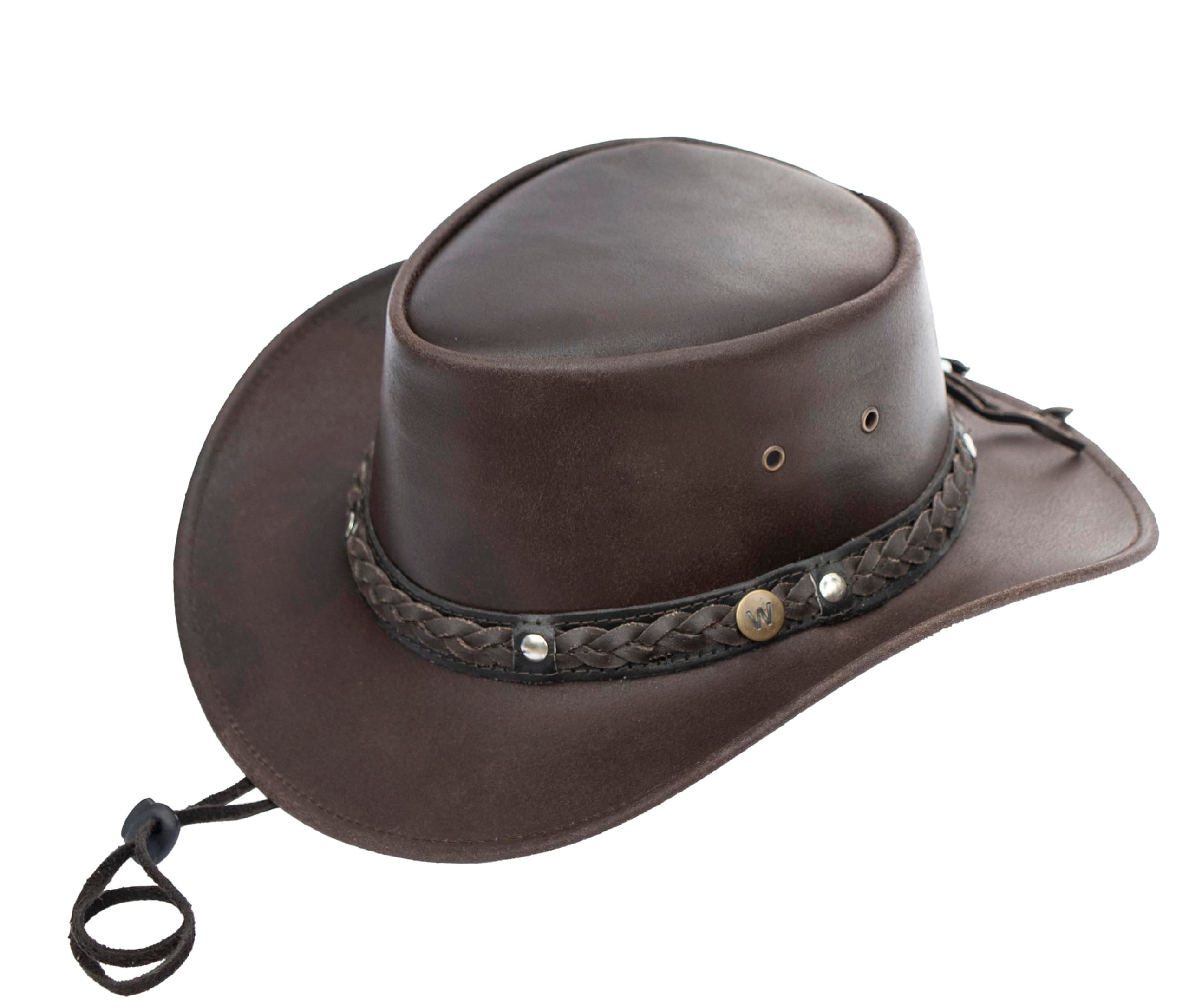 wombat leatherWombat Outback Australian Hat Brown Cow Hide Leather Cowboy Bush Hat | Chin Strap | Rugged Unisex Woman's Mens Hats