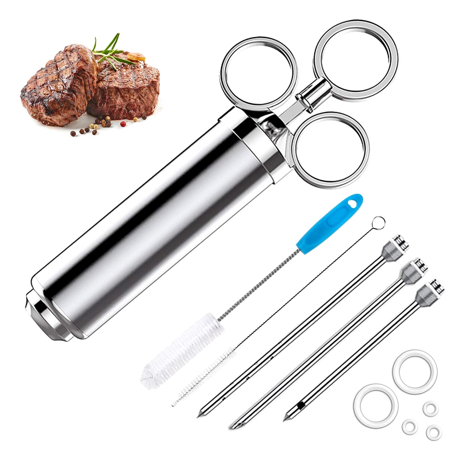 Meat Injector, Cenow Stainless Steel Marinade Flavour Food Syringe with 3 Needles Fda Approved 60ml / 2oz Syringe Barbecue Kits with 2 Cleaner Brushes, 4 Spare O-Rings