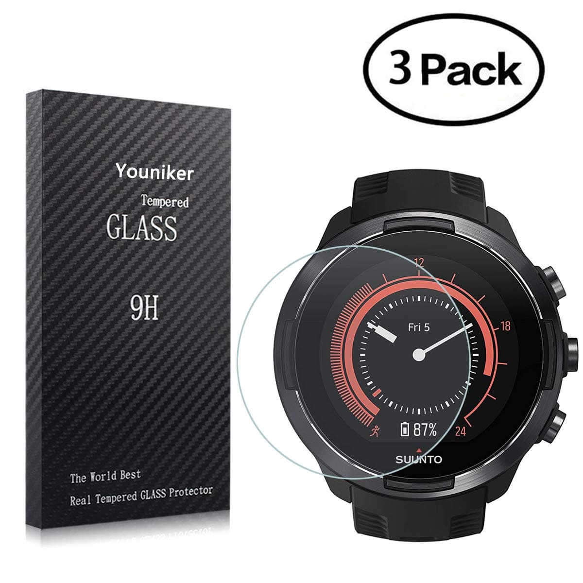 Youniker3 Pack Compatible with Suunto 9 Baro Screen Protector Tempered Glass For Suunto 9 Baro Smart Watch Screen Protectors Foils Glass 9H 0.3MM Anti-Scratch No Bubble