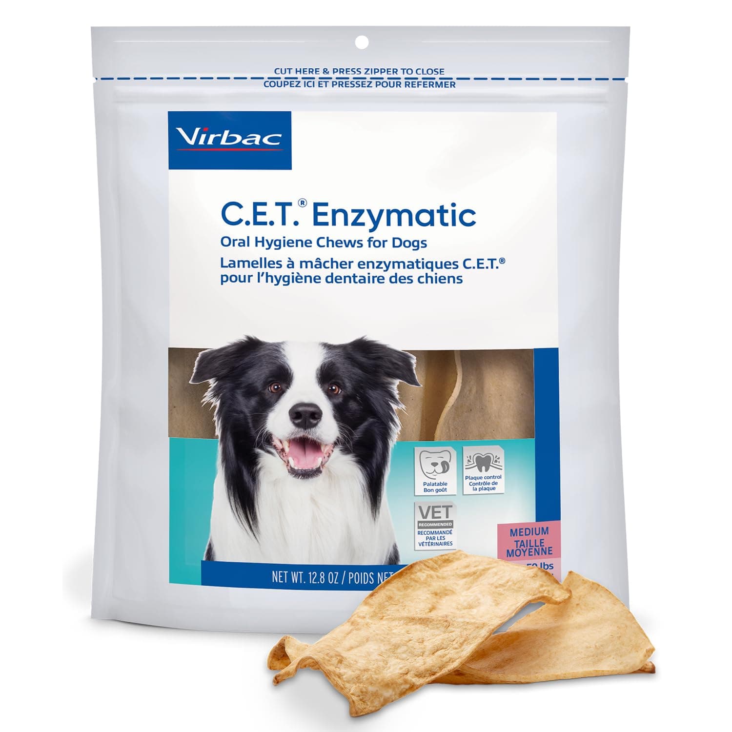 Virbac C.E.T.® Enzymatic Oral Hygiene Chews for Dogs, Medium - Plaque & Tartar Control - Single Layer Beefhide with Exclusive Dual-Enzyme System & Tasty Chicken Flavor - Easy to Give Dog Dental Chew