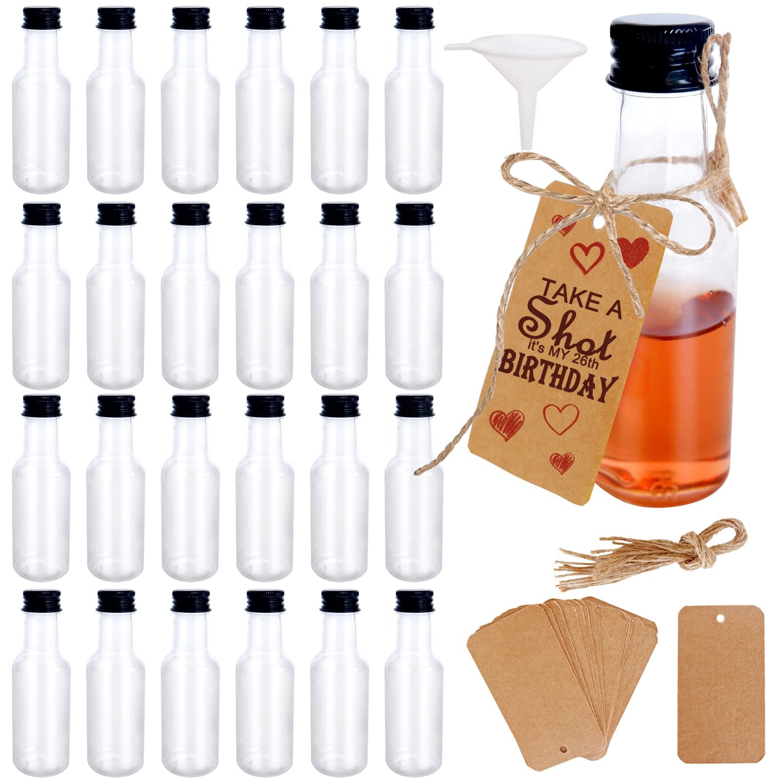 Airtight 1.7oz Mini Plastic Spirit Bottles, 24 Pack with Black Caps, Funnels & Tags for Wedding, Party