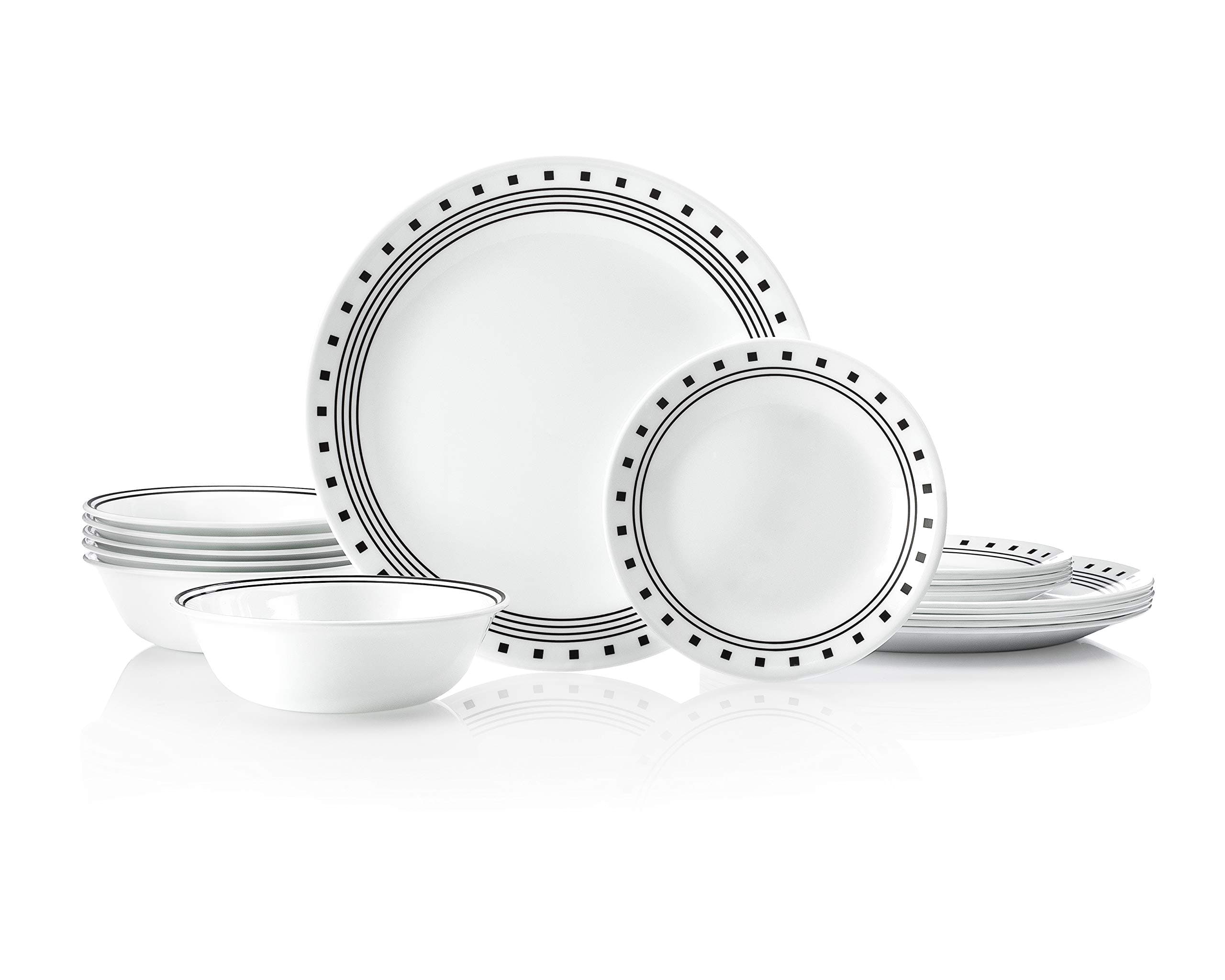 Vitrelle 18-Piece Service for 6 Dinnerware Set Triple Layer Glass and Chip Resistant, Lightweight Round Plates and Bowls Set, City Block