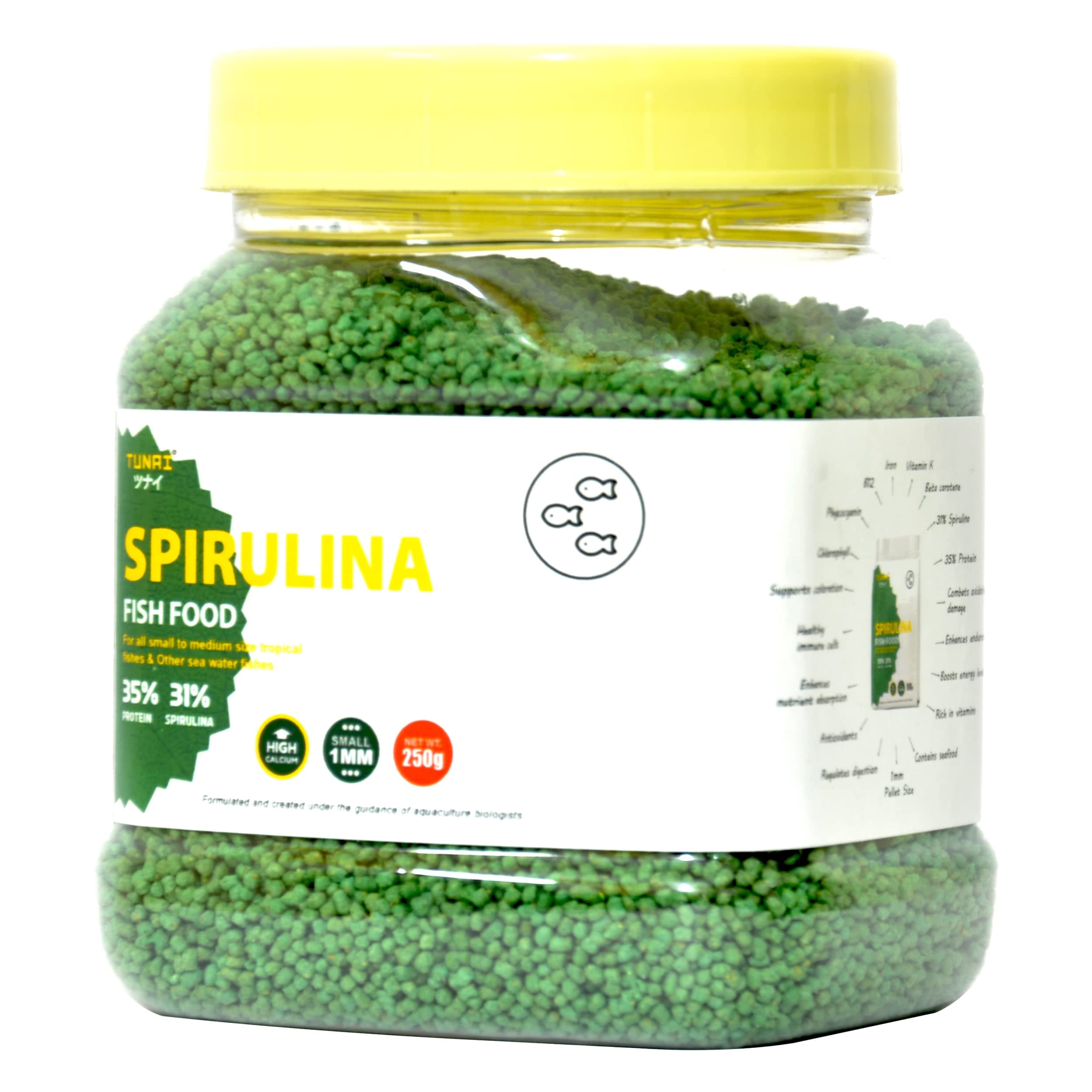 TUNAI 31% Spirulina Optimum Choice Fish Food |250G| Fish Feed for All Medium & Adult Tropical Fish |1Mm Pellets|, Better Color & Growth, 1 Count