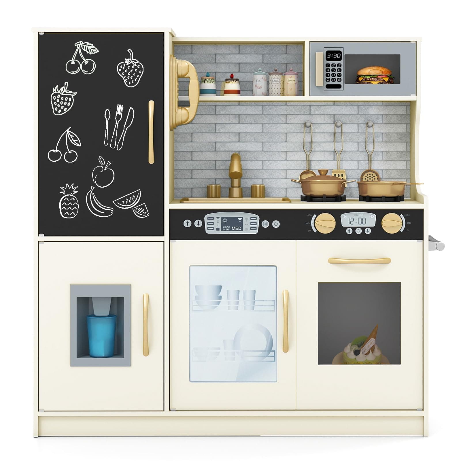 HONEY JOY Kids Kitchen Playset, Wooden Little Chef Pretend Toy Kitchen Set w/Chalkboard, Telephone, Utensils, Oven, Microwave, Sink, Storage, Play Kitchen for Toddlers Boys Girls, Cream